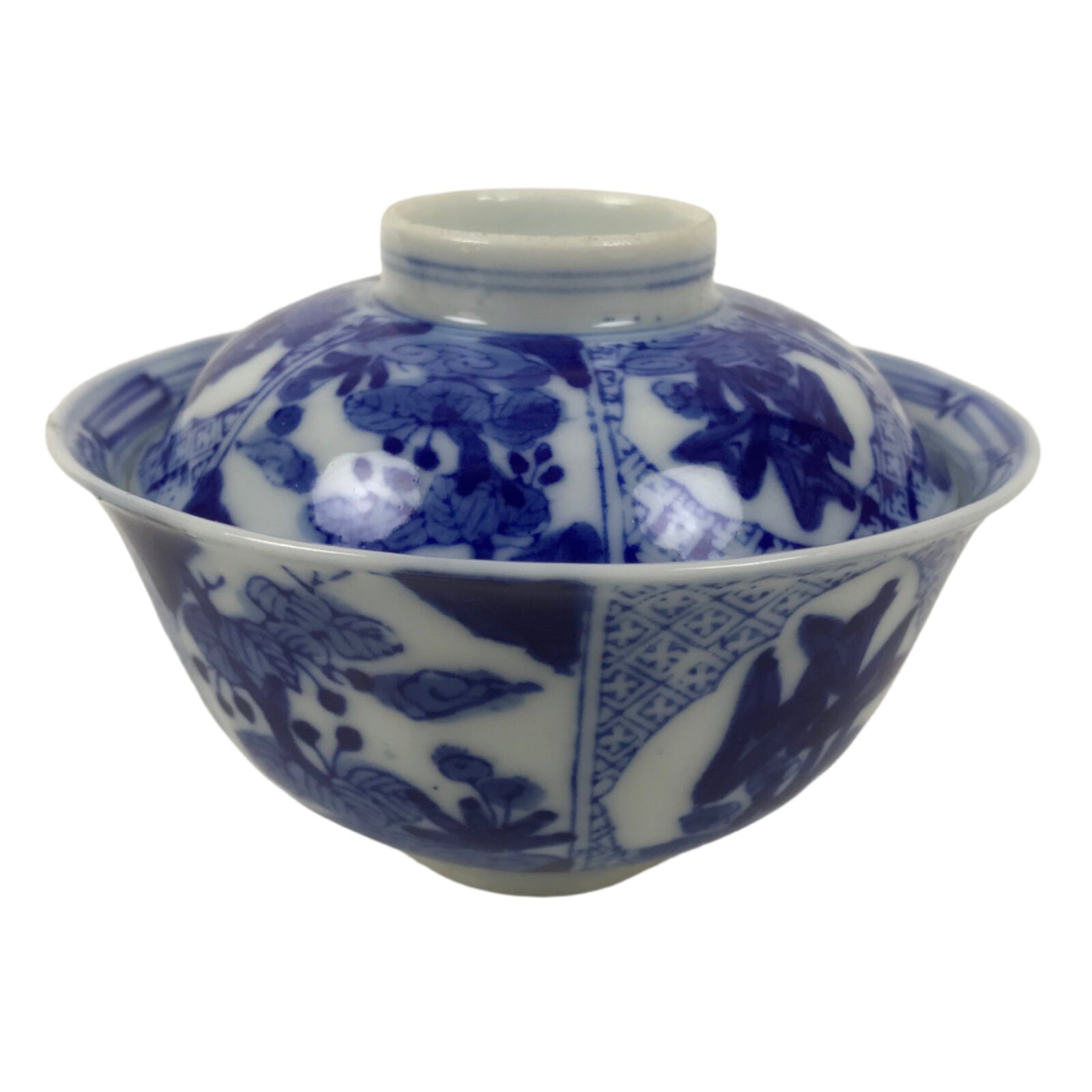 Japanese Porcelain Sometsuke Lidded Bowl Owan Vtg Pottery White Blue Floral Y309