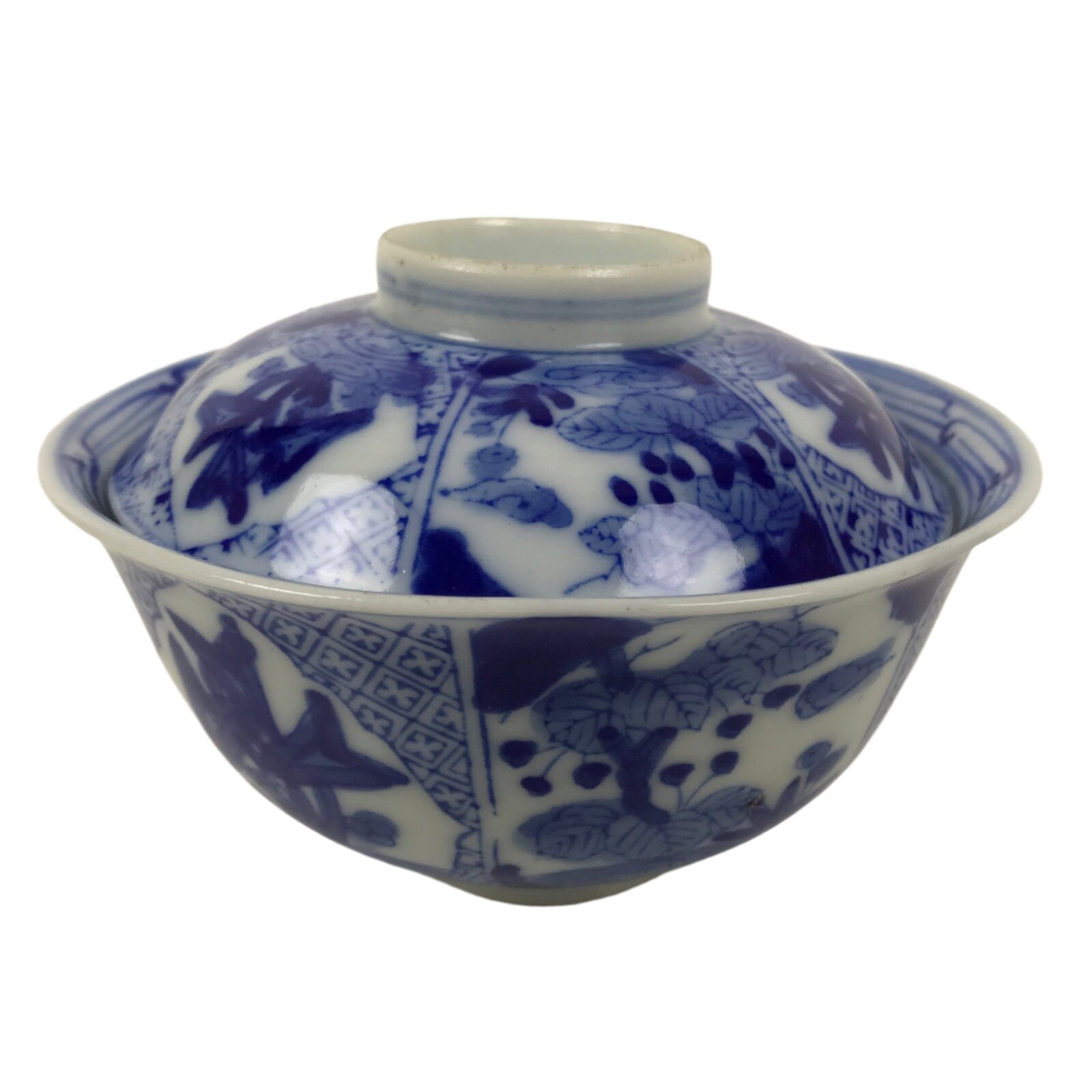 Japanese Porcelain Sometsuke Lidded Bowl Owan Vtg Pottery White Blue Floral Y310