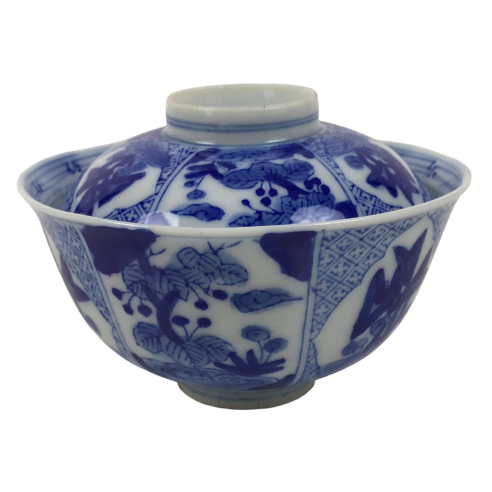 Japanese Porcelain Sometsuke Lidded Bowl Owan Vtg Pottery White Blue Floral Y314