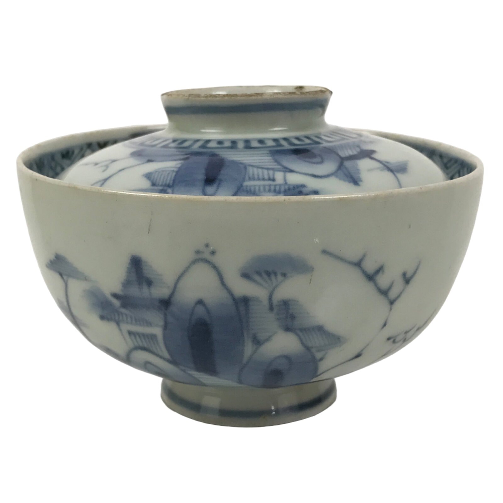 Japanese Porcelain Sometsuke Lidded Rice Bowl Owan White Blue Sea Village Y481
