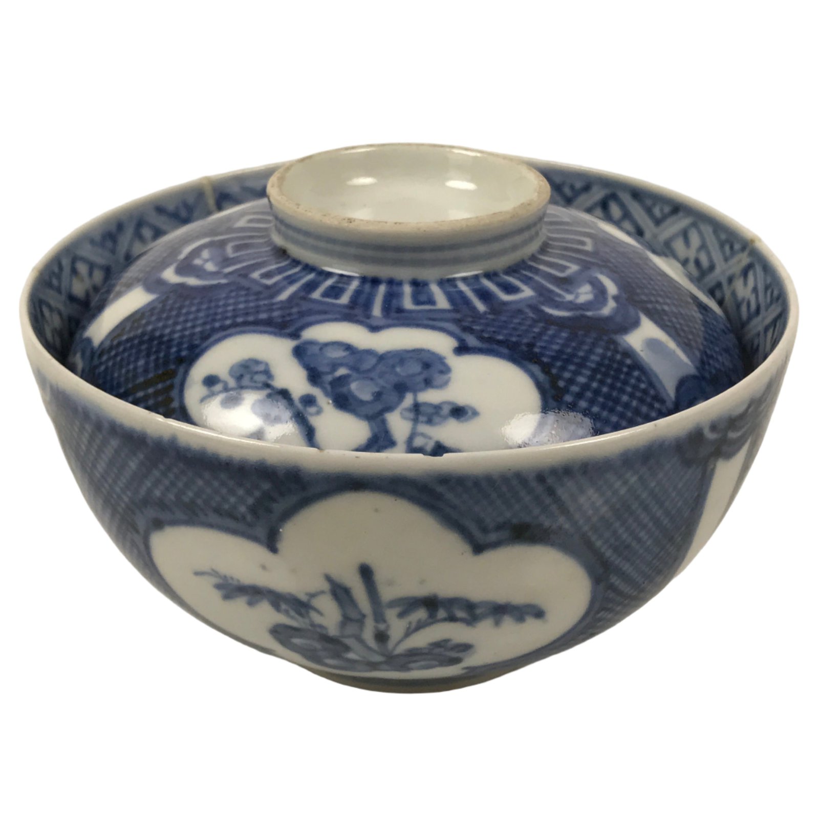 Japanese Porcelain Sometsuke Lidded Rice Bowl Vtg Owan White Blue Plum Pine Y479