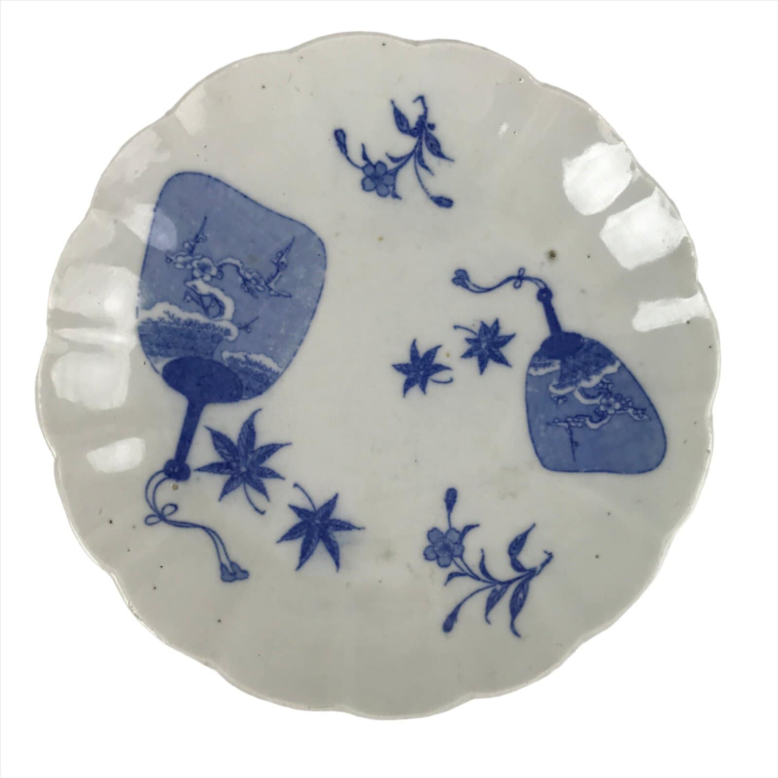 Japanese Porcelain Sometsuke Plate Vtg Blue White Uchiwa Maple Leaf Plum PY787