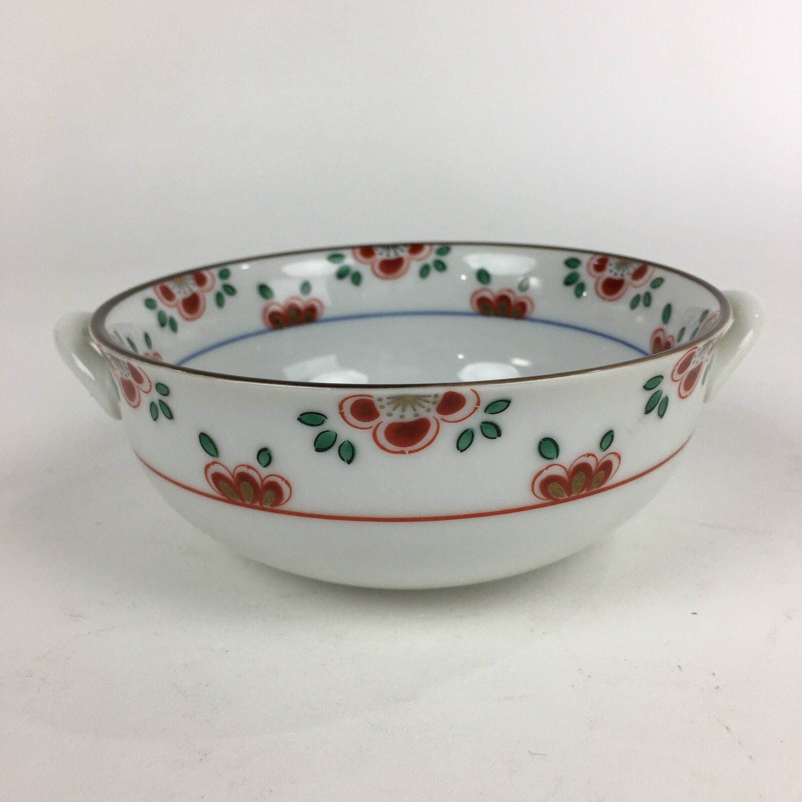 Japanese Porcelain Soup Bowl Vtg Tachikichi Round Handles Flower PP926
