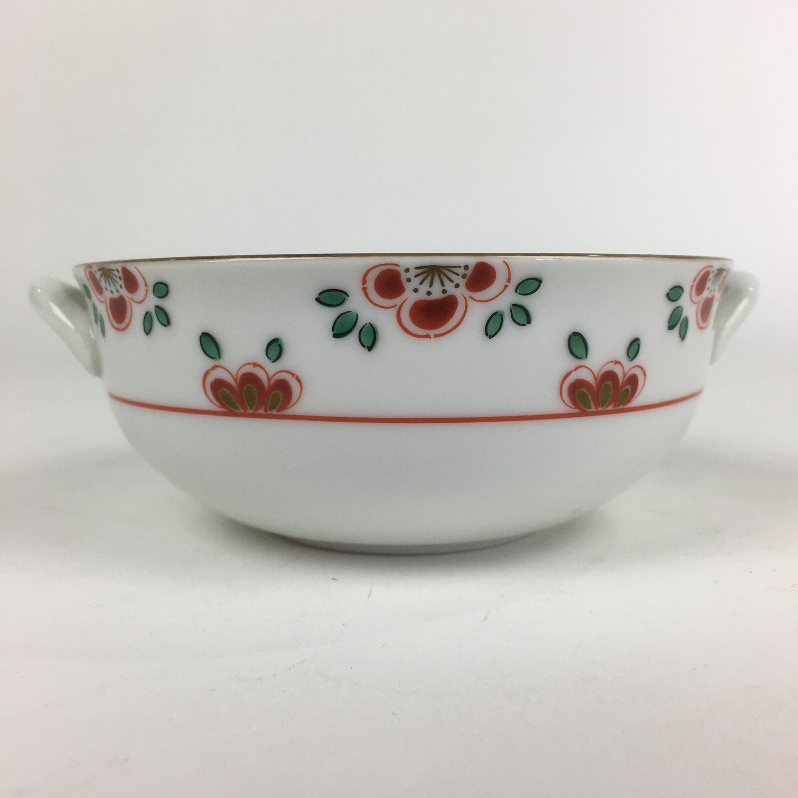 Japanese Porcelain Soup Bowl Vtg Tachikichi Round Handles Flower PP928