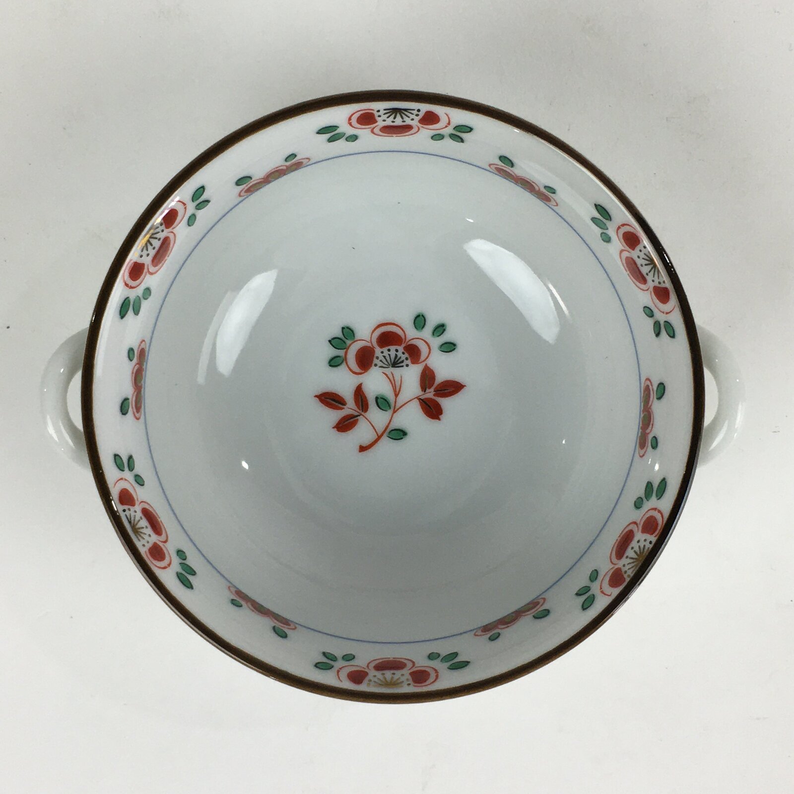Japanese Porcelain Soup Bowl Vtg Tachikichi Round Handles Flower PP928