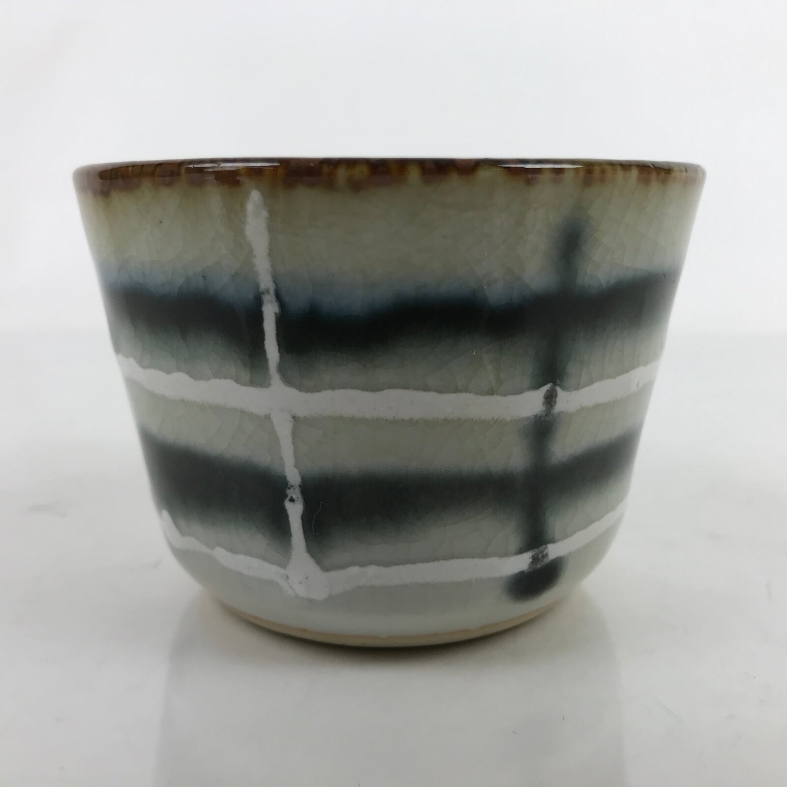 Japanese Porcelain Teacup Vtg Gray Black White Lines Ceramic Sencha Yunomi TC458