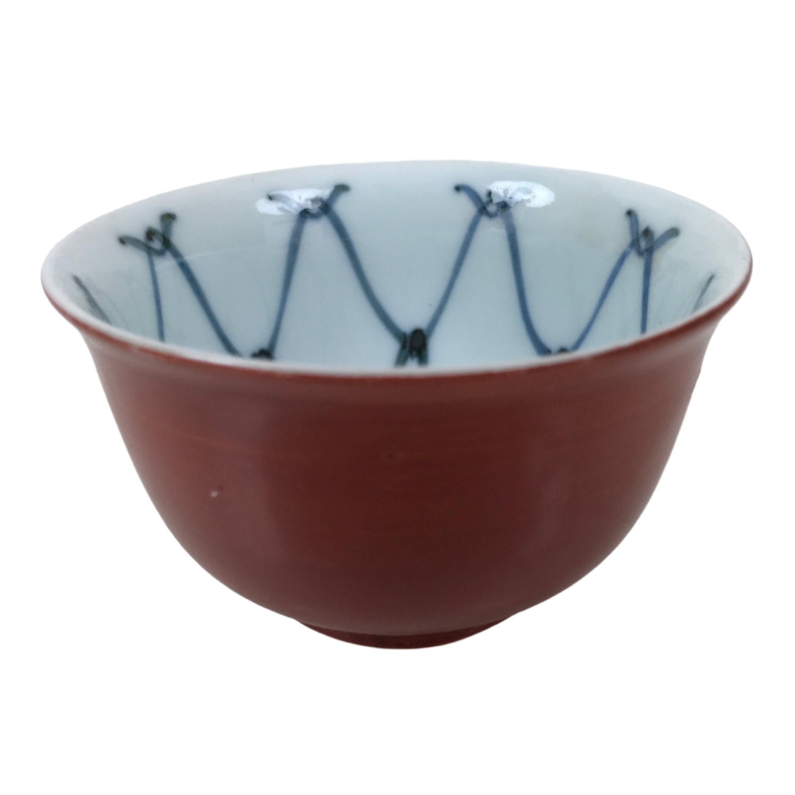 Japanese Porcelain Teacup Vtg Red White Blue Ami Net Design Sencha Yunomi TC593