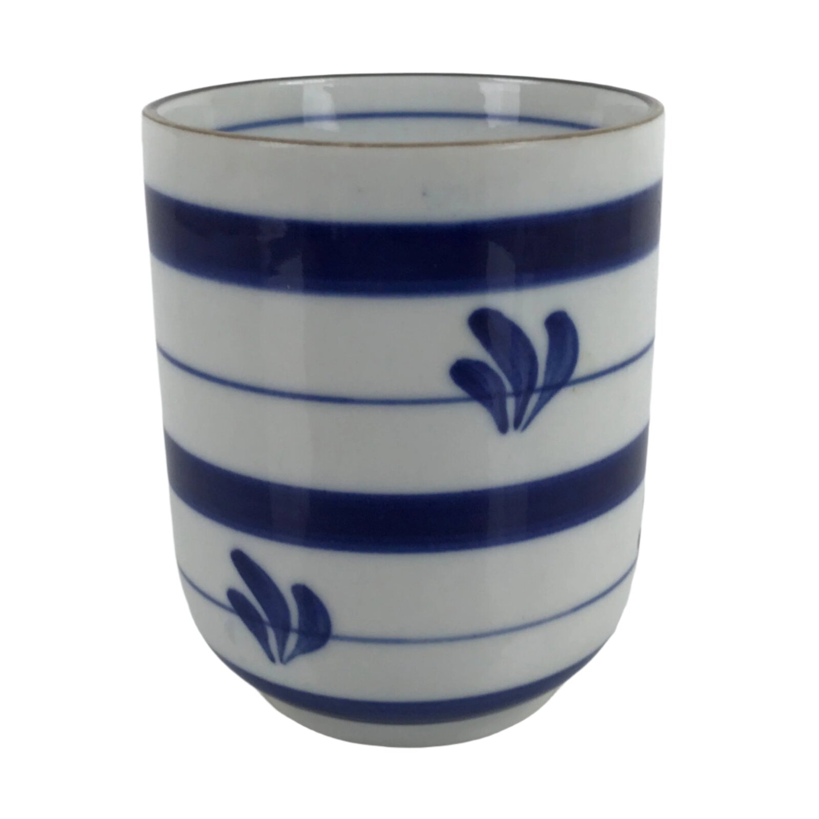 Japanese Porcelain Teacup Vtg Sometsuke White Blue Lines Pattern Yunomi TC482