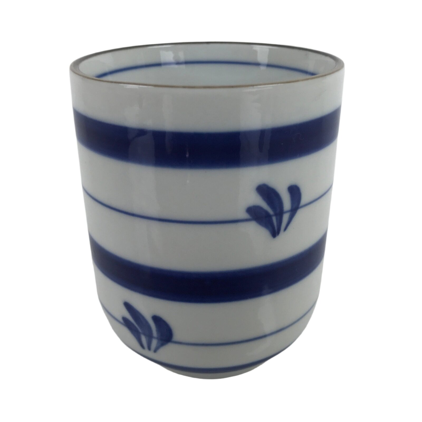 Japanese Porcelain Teacup Vtg Sometsuke White Blue Lines Pattern Yunomi TC496