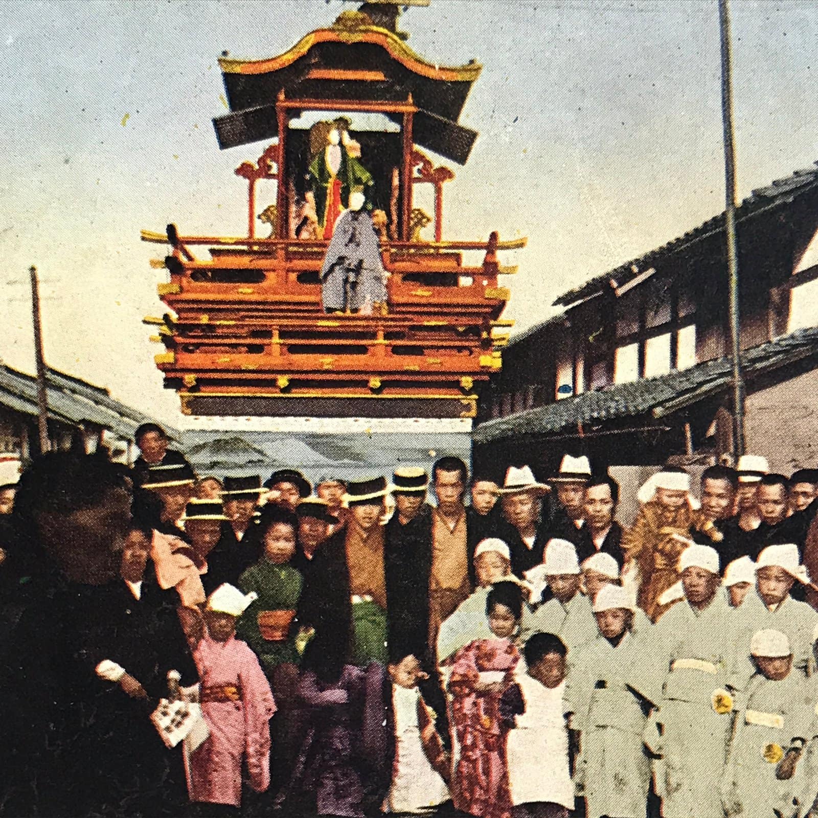 Japanese Postcard Festival Matsuri Float C1930 Showa Old Street Color PC146