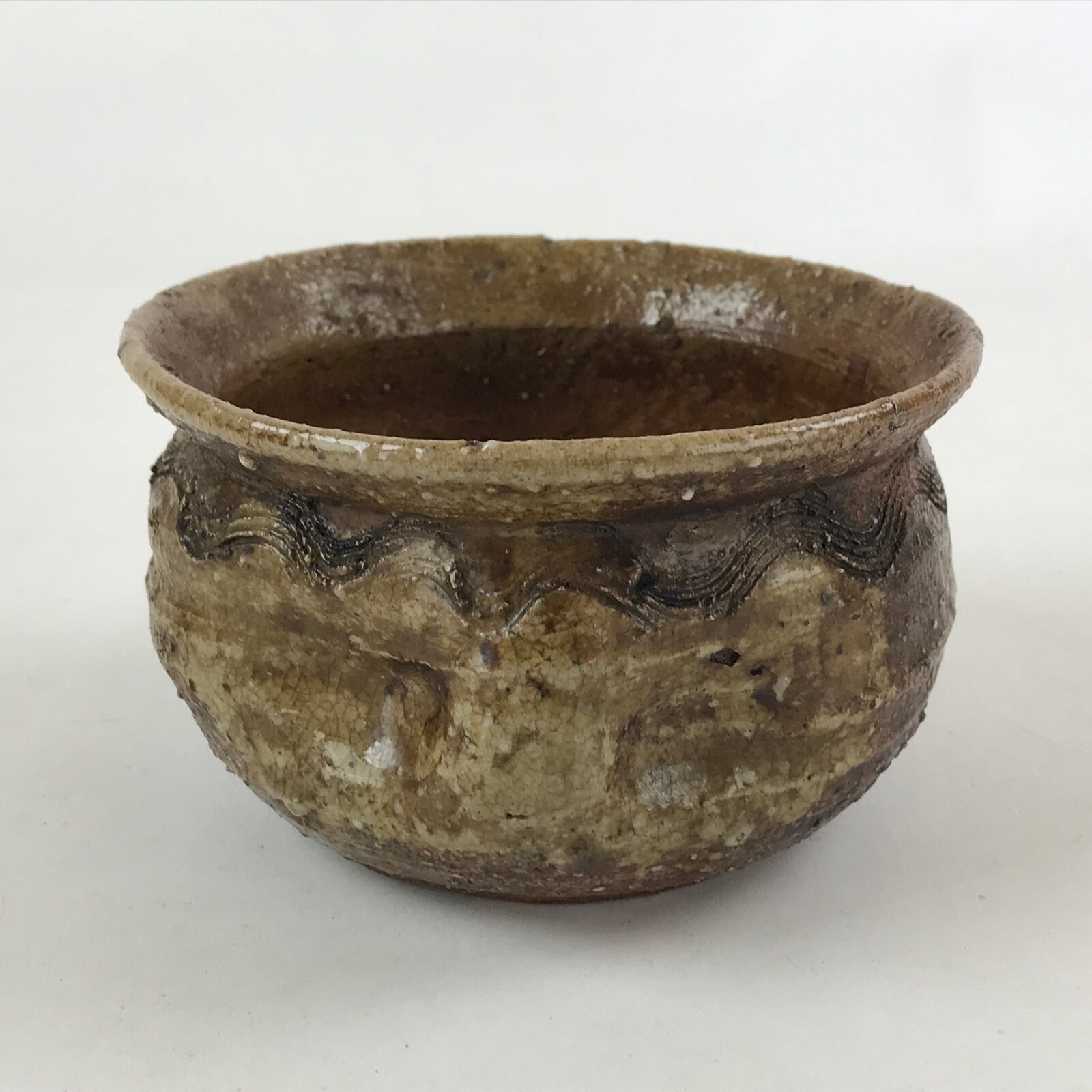 Japanese Pottery Green Tea Bowl Vtg Shigaraki Ware Brown Engraved Chawan CHB1