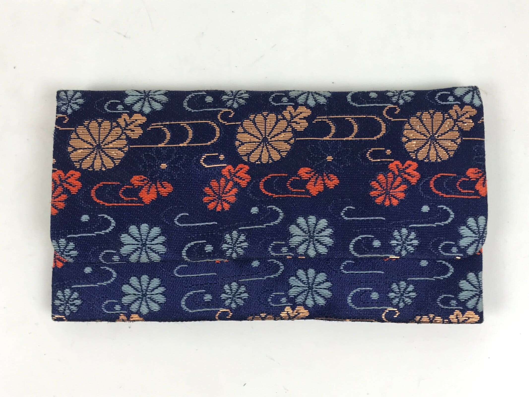 Japanese Prayer Beads Silk Fabric Bag Vtg Juzu-Bukuro Chrysanthemum Blue BA620
