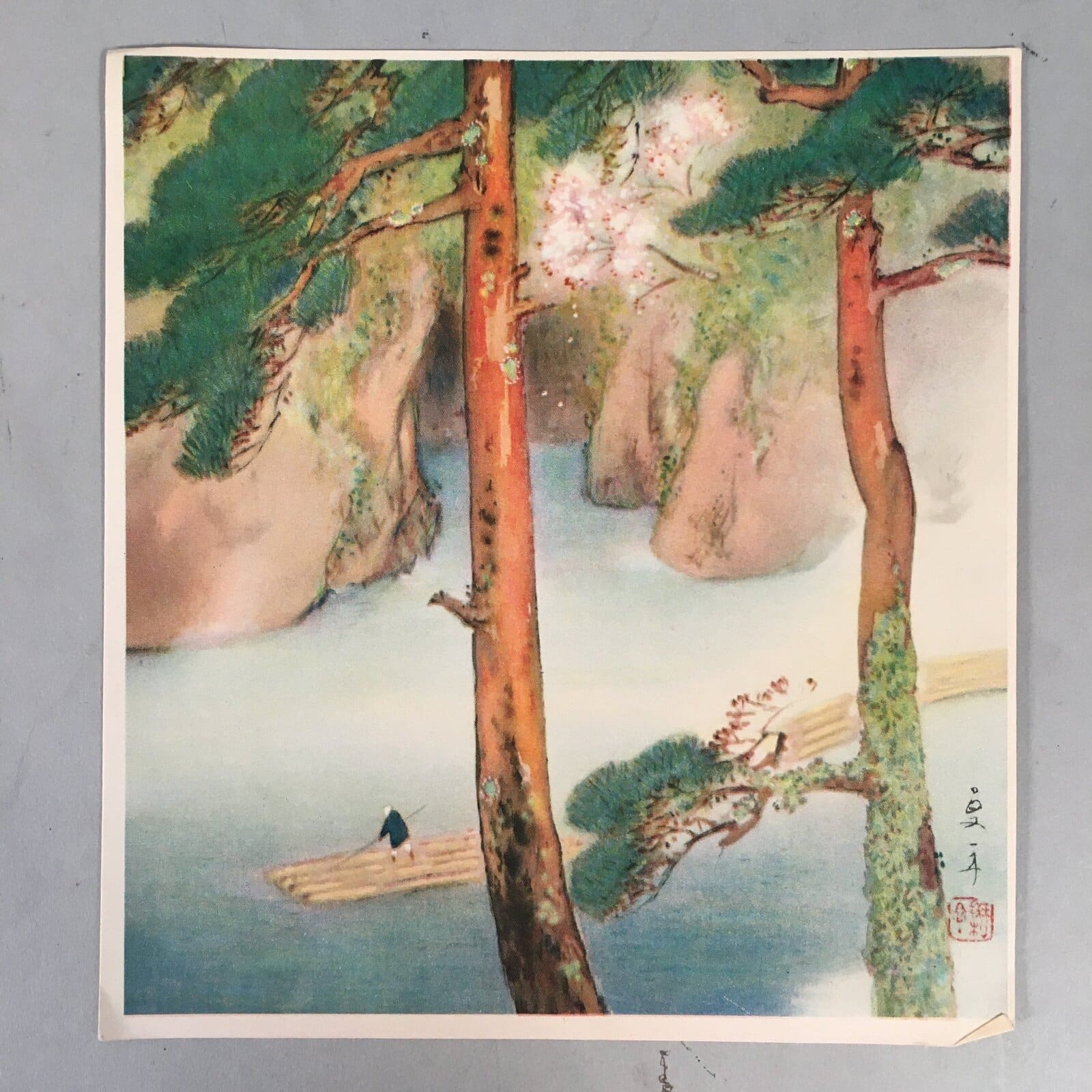 Japanese Print Drawing Painting Vtg Mountain River Boat Sansui A284