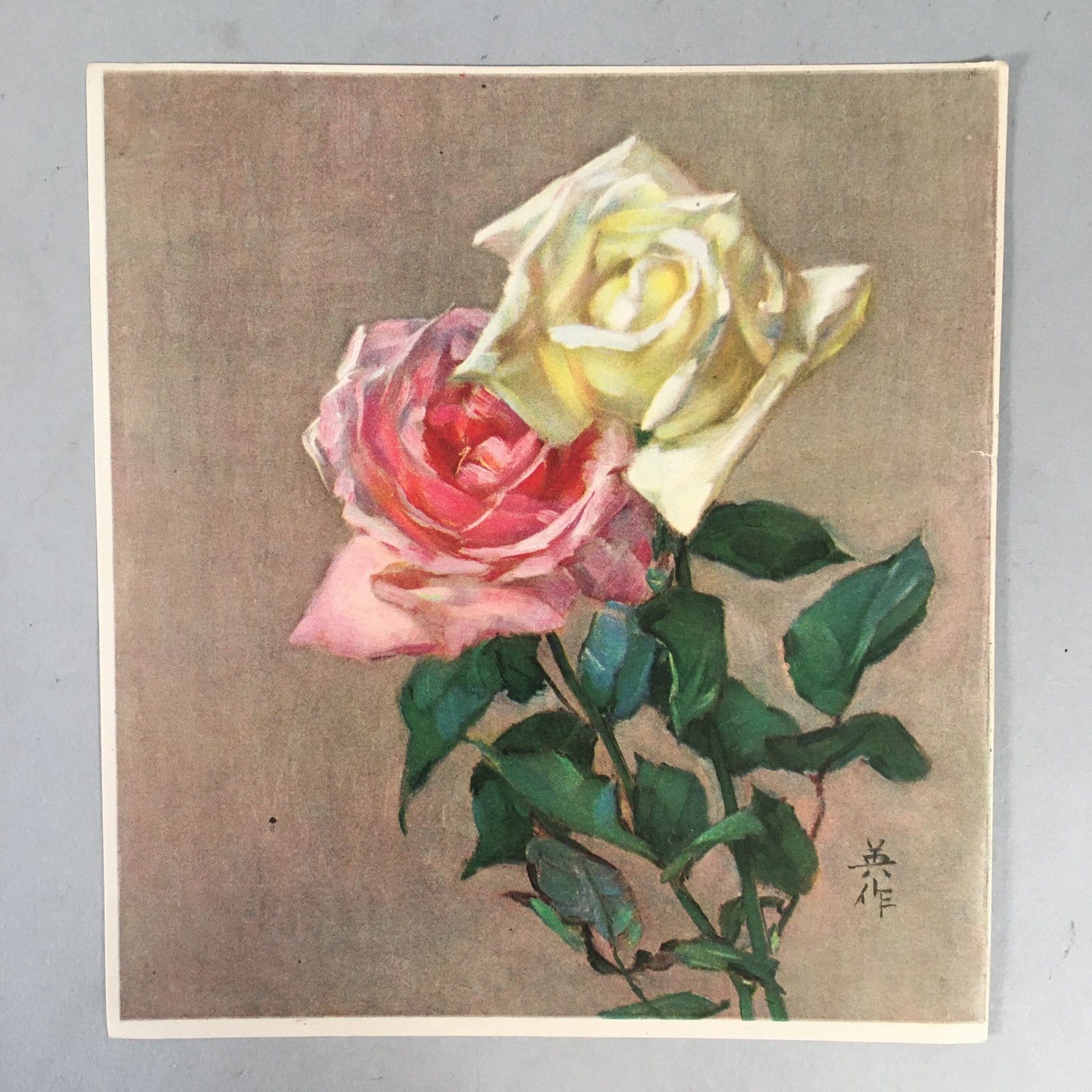 Japanese Print Drawing Painting Vtg Pink Yellow Rose Flower P297