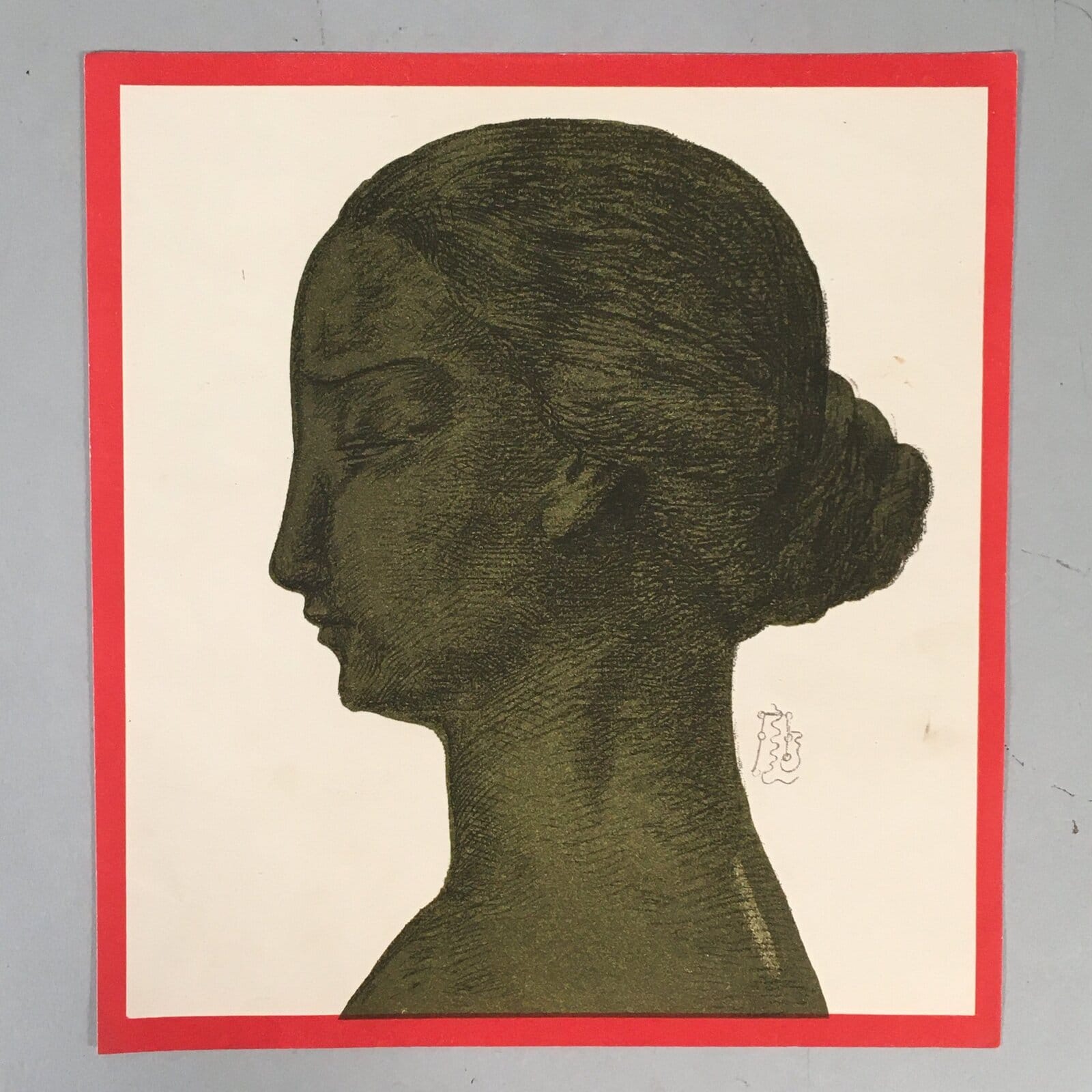 Japanese Print Drawing Painting Vtg Woman Profile Lady Frame Red P296