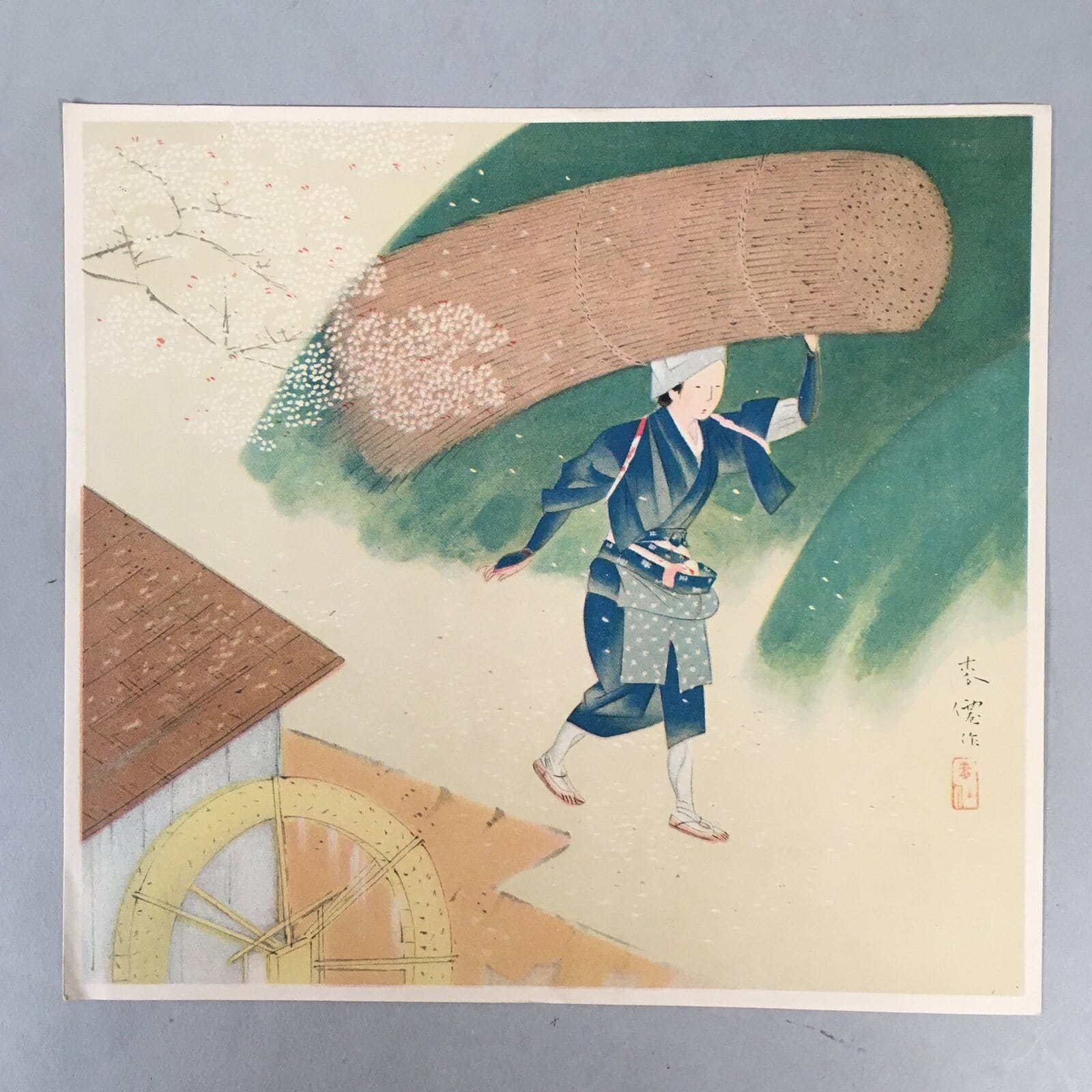 Japanese Print Drawing Painting Vtg Work Kimono Woman Cherry Blossom P285