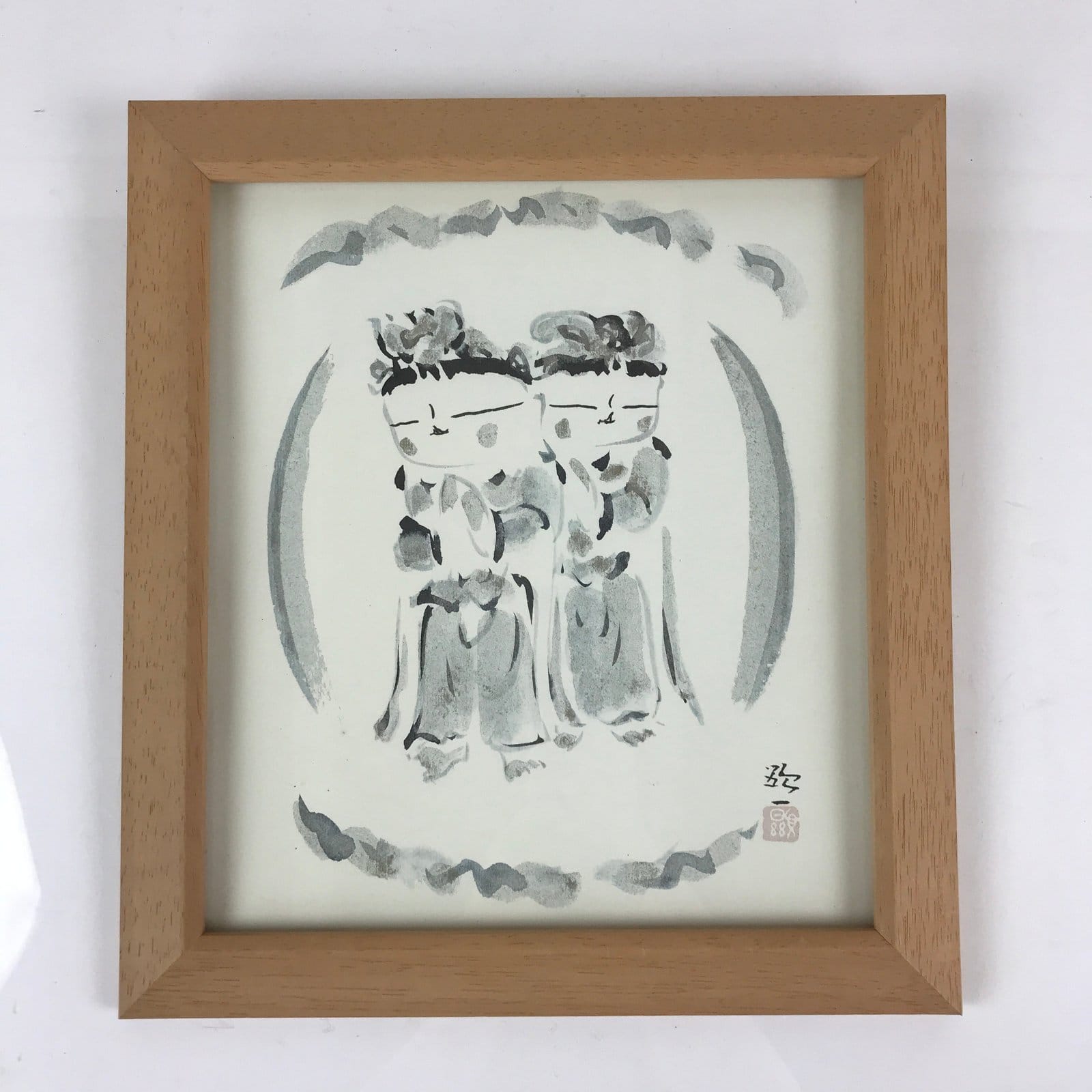 Japanese Printed Kannon Healing Picture Vtg Wooden Framed Wall Art Signed FL83