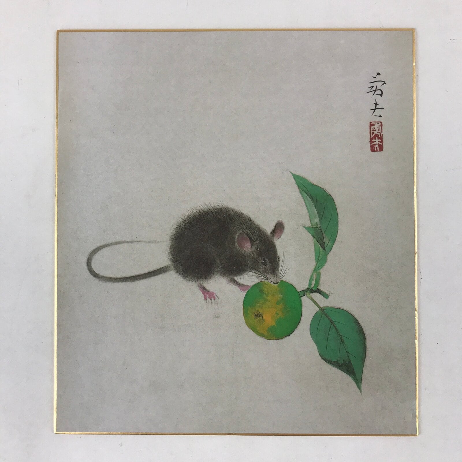 Japanese Printed Shikishi Art Board Print Mouse Green Fruit Rat Zodiac Year A548