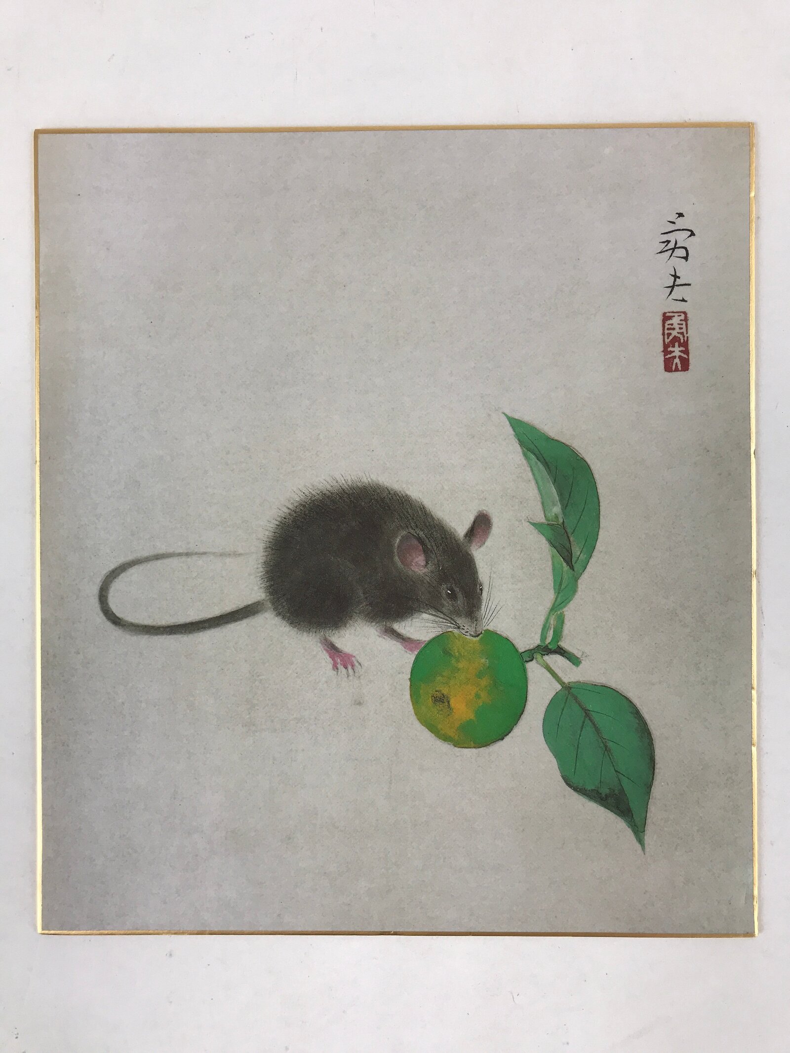 Japanese Printed Shikishi Art Board Print Mouse Green Fruit Rat Zodiac Year A548