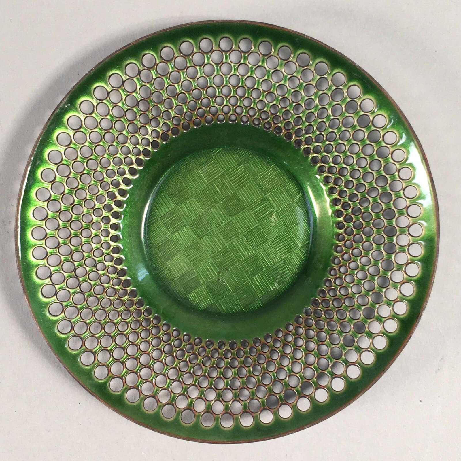 Japanese Punched Metal Drink Saucer Vtg Chataku Coaster Round Green QT105