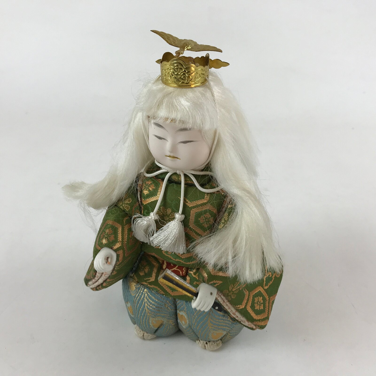 Japanese Renjishi Kabuki Lion Doll Vtg White Hair Mokume Komi Wood Silk ID542