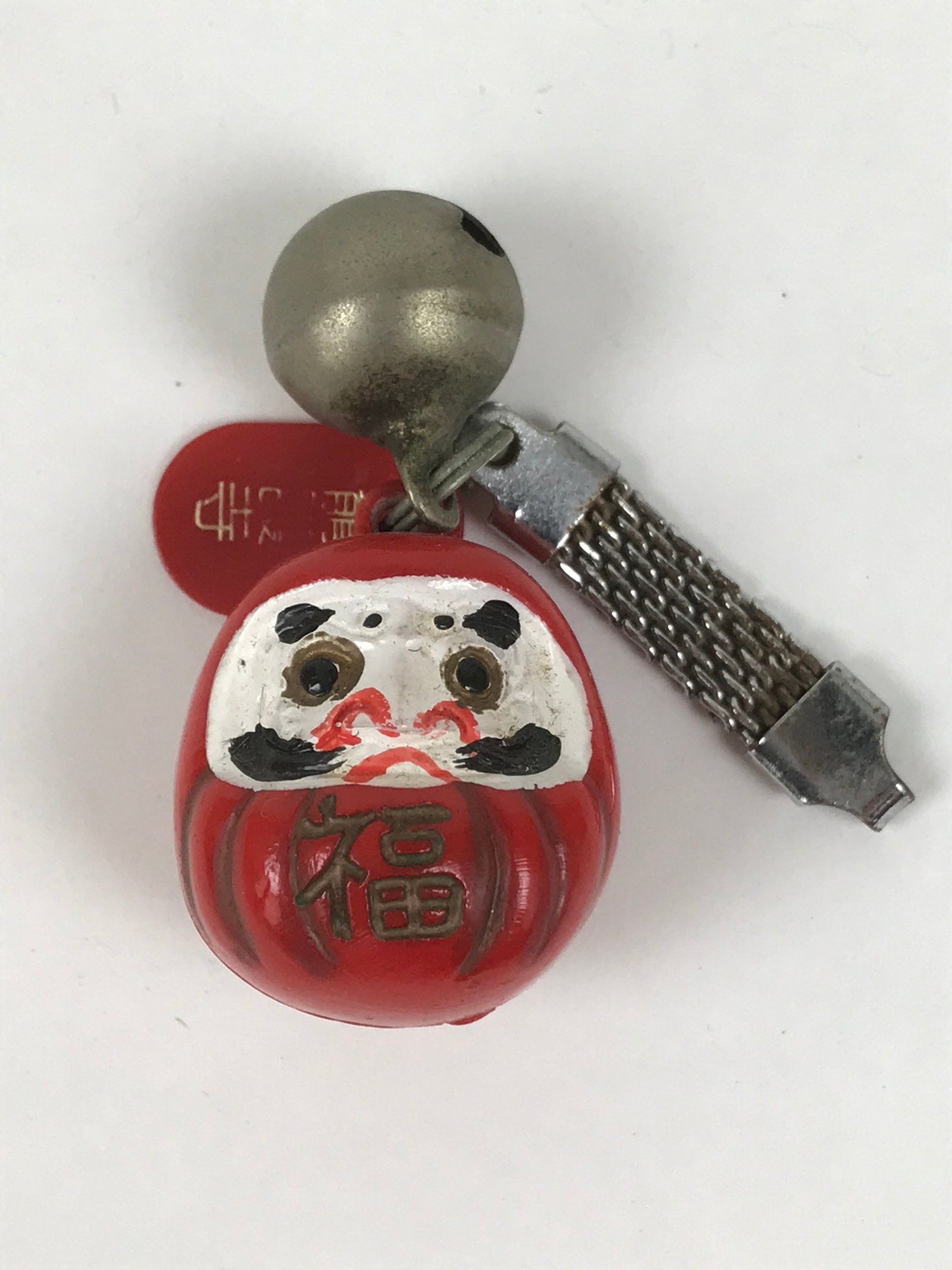 Japanese Resin Daruma Bell Keychain Vtg Phone Strap Metal Chain Amulet Red JK875