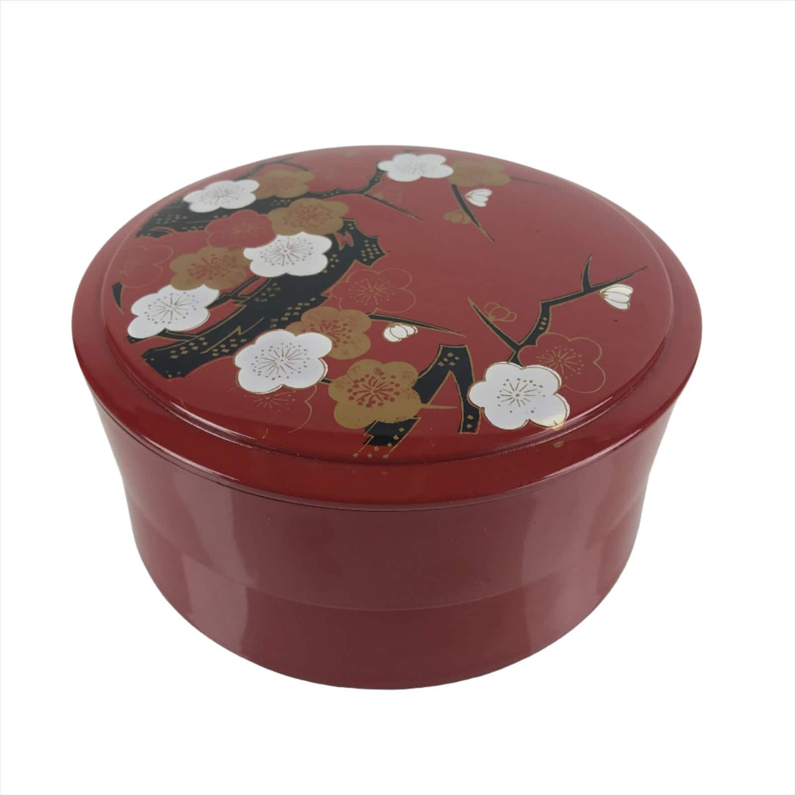 Japanese Resin Lacquer Replica Lidded Bento Lunch Box Vtg Round Plum Red L220