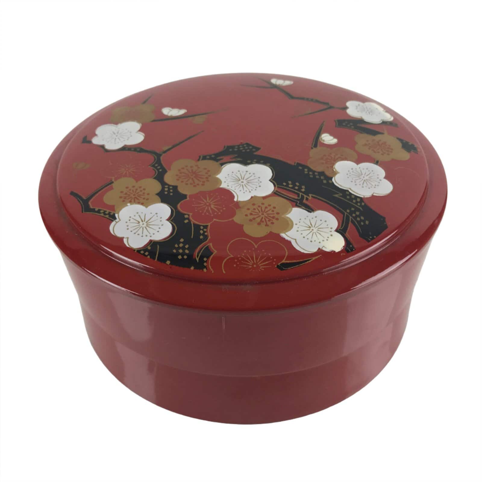 Japanese Resin Lacquer Replica Lidded Bento Lunch Box Vtg Round Plum Red L221