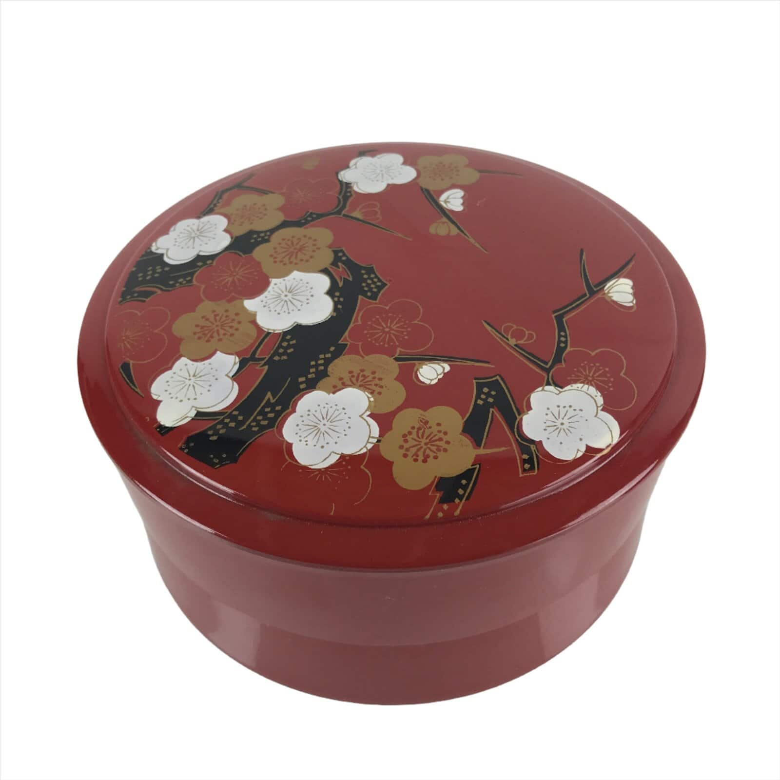 Japanese Resin Lacquer Replica Lidded Bento Lunch Box Vtg Round Plum Red L223