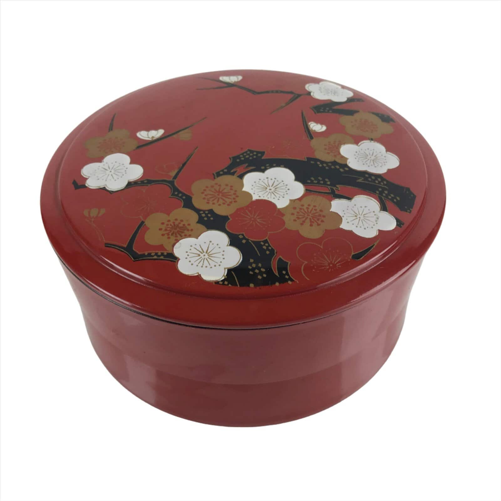 Japanese Resin Lacquer Replica Lidded Bento Lunch Box Vtg Round Plum Red L224