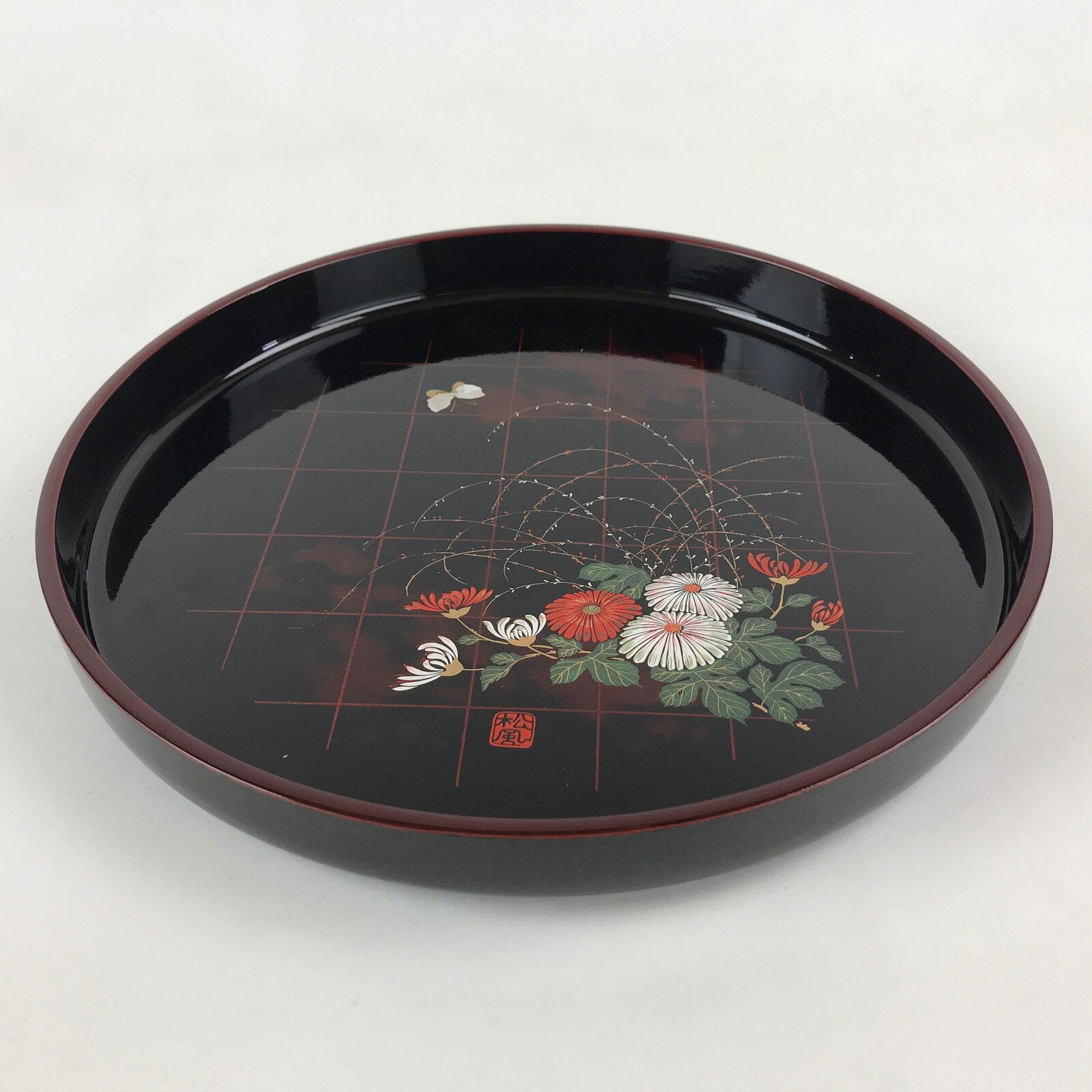 Japanese Resin Lacquer Replica Serving Tray Vtg Round Obon Black Daisy UR949