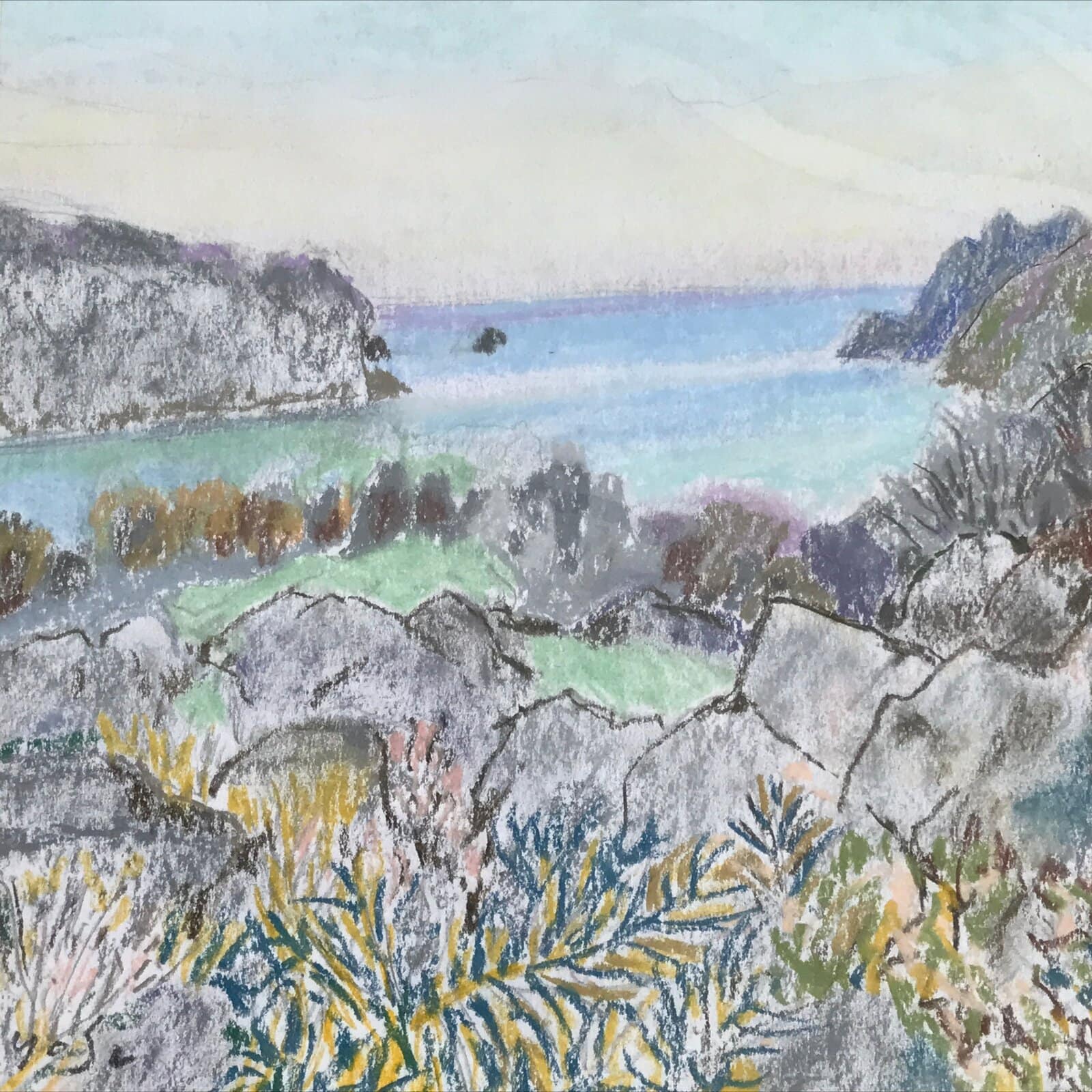 Japanese Rocky Ocean Coastline Pastel Drawing Art Signed Yoshihiro Hagino FL313
