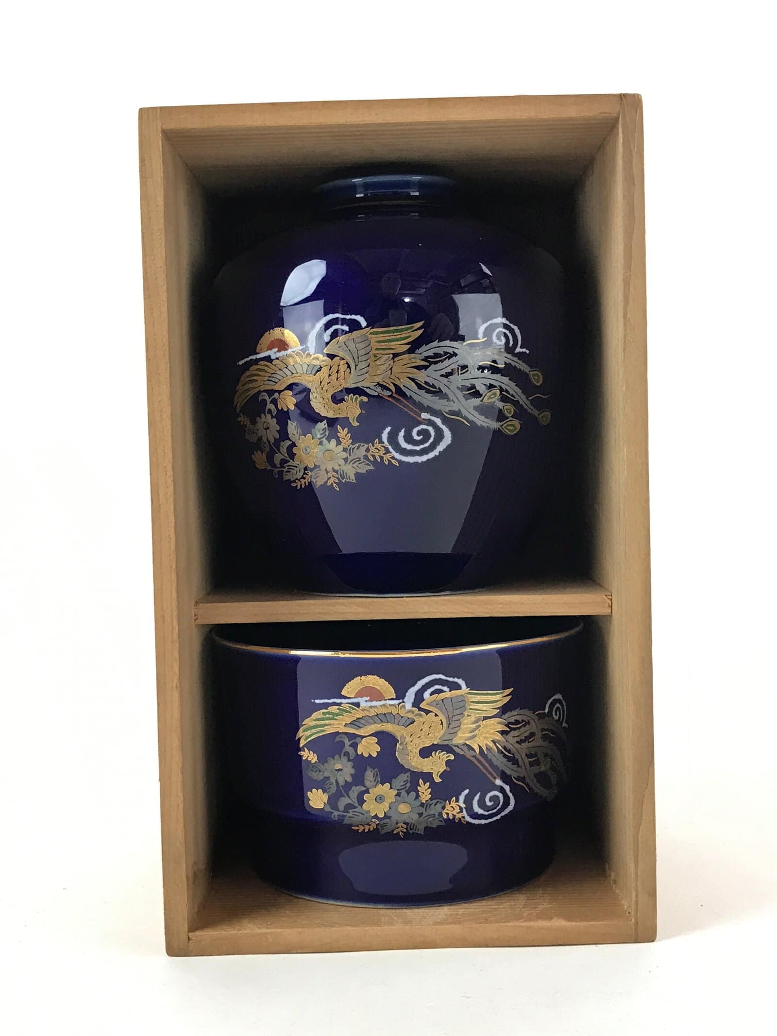 Japanese Round Vase Ashtray Set Vtg Cobalt Blue Peacock Wood Box Kabin PX706