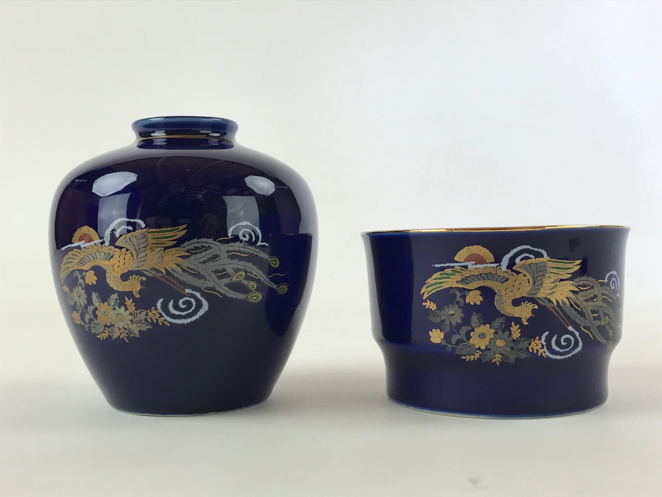 Japanese Round Vase Ashtray Set Vtg Cobalt Blue Peacock Wood Box Kabin PX706