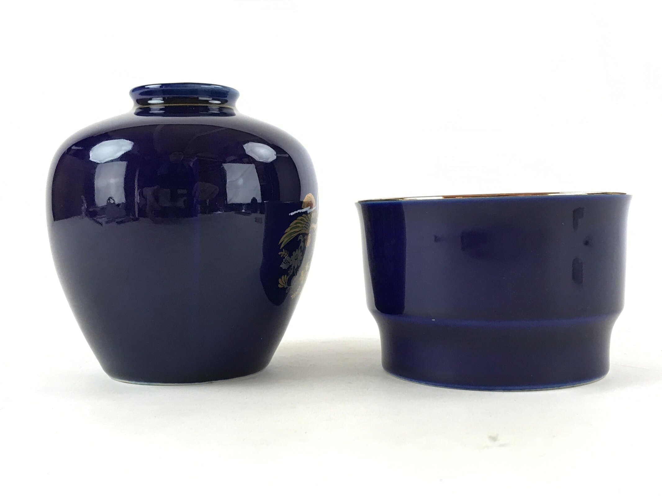 Japanese Round Vase Ashtray Set Vtg Cobalt Blue Peacock Wood Box Kabin PX706