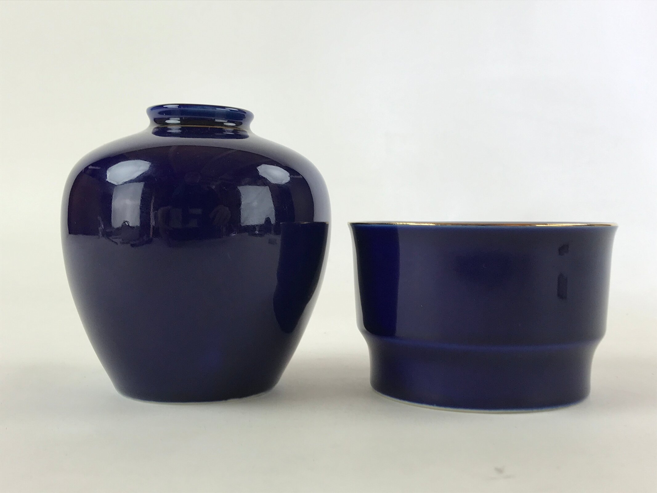 Japanese Round Vase Ashtray Set Vtg Cobalt Blue Peacock Wood Box Kabin PX706