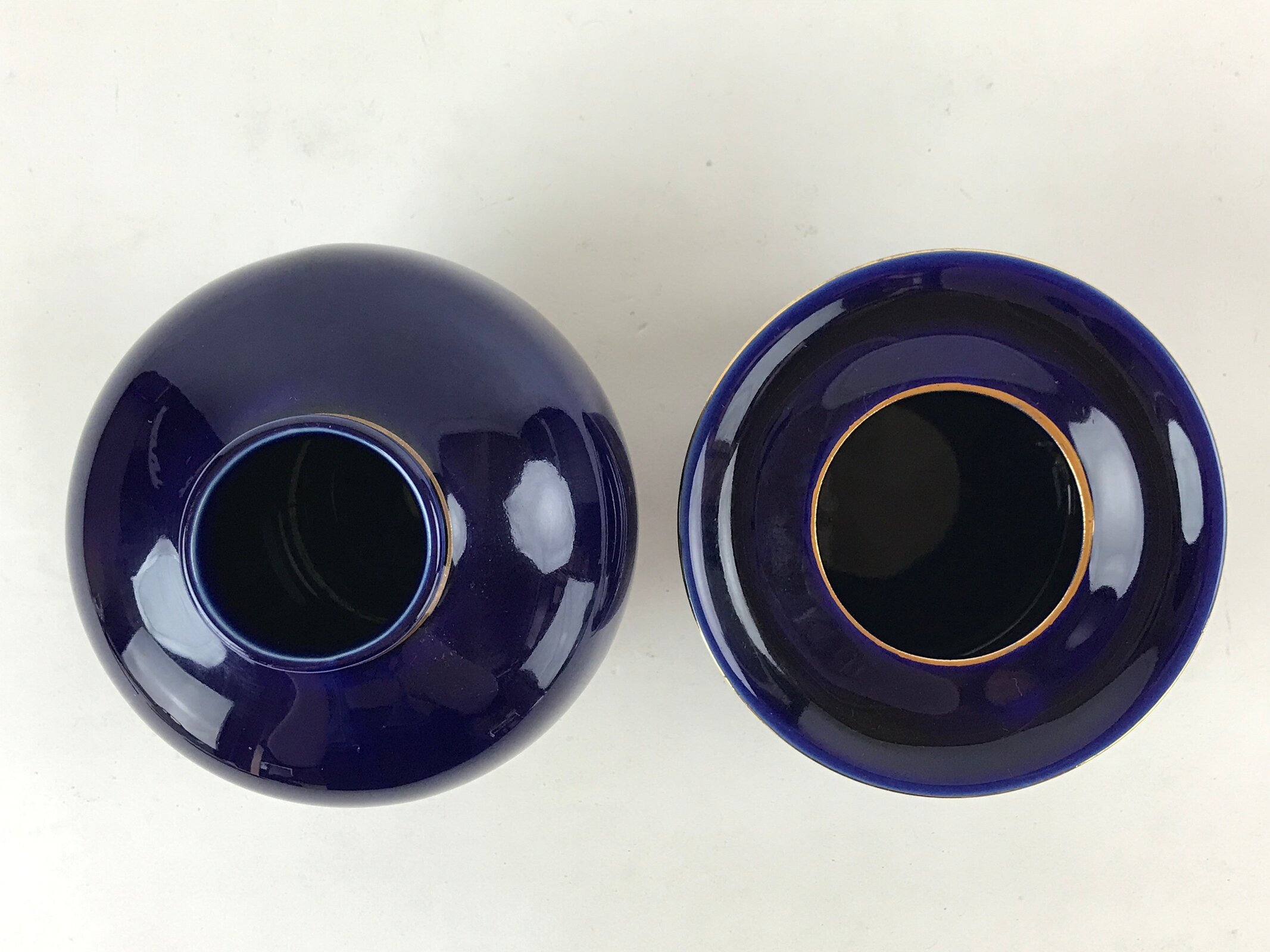 Japanese Round Vase Ashtray Set Vtg Cobalt Blue Peacock Wood Box Kabin PX706
