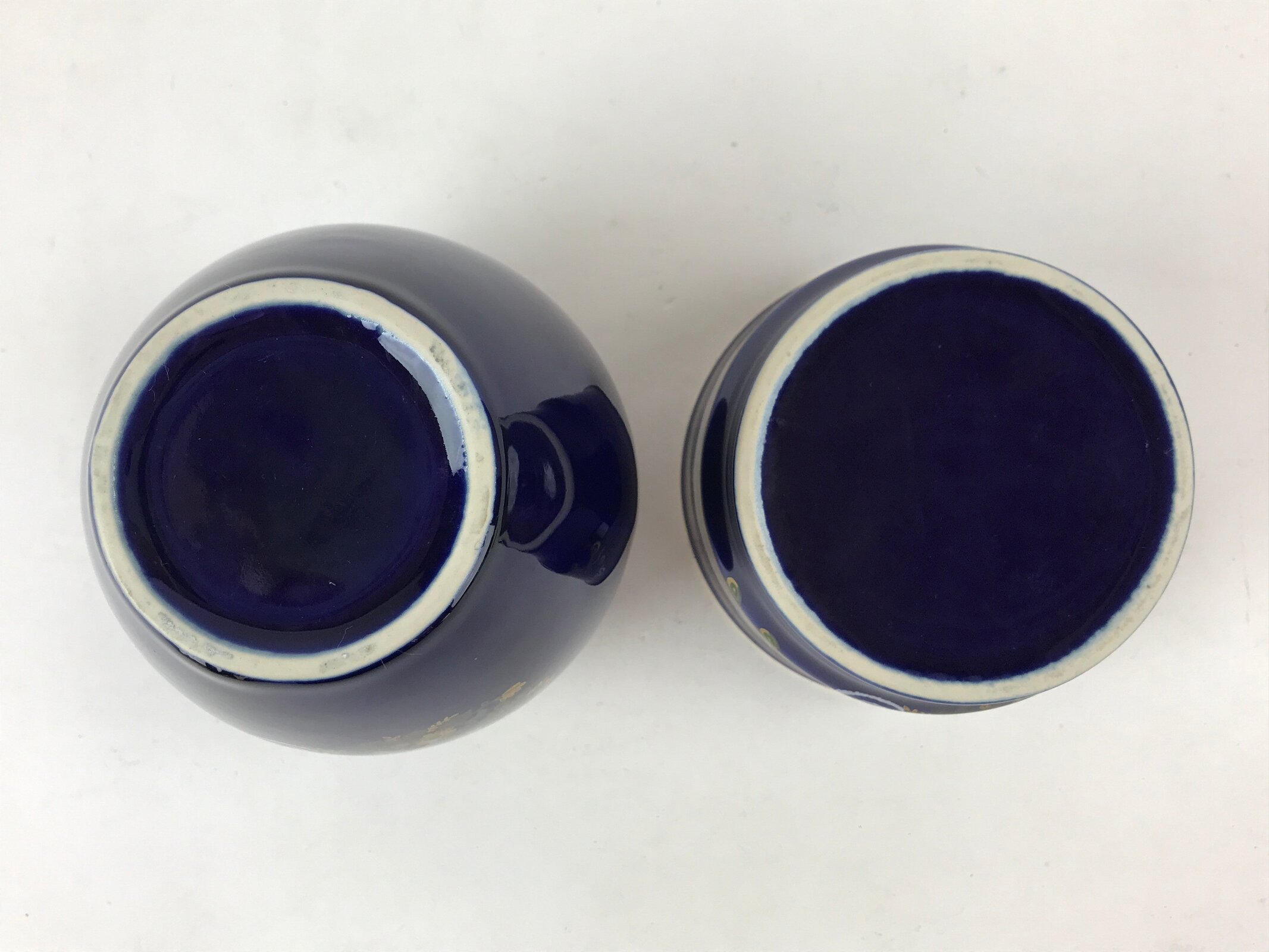 Japanese Round Vase Ashtray Set Vtg Cobalt Blue Peacock Wood Box Kabin PX706