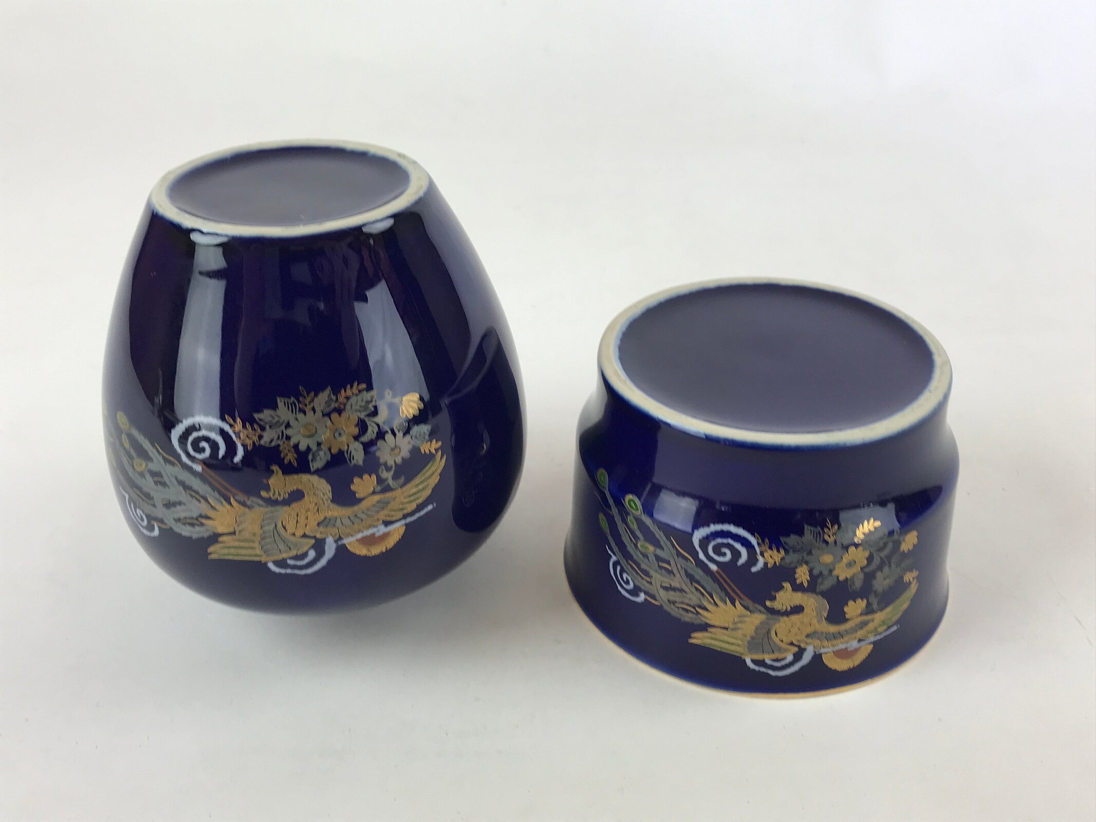 Japanese Round Vase Ashtray Set Vtg Cobalt Blue Peacock Wood Box Kabin PX706