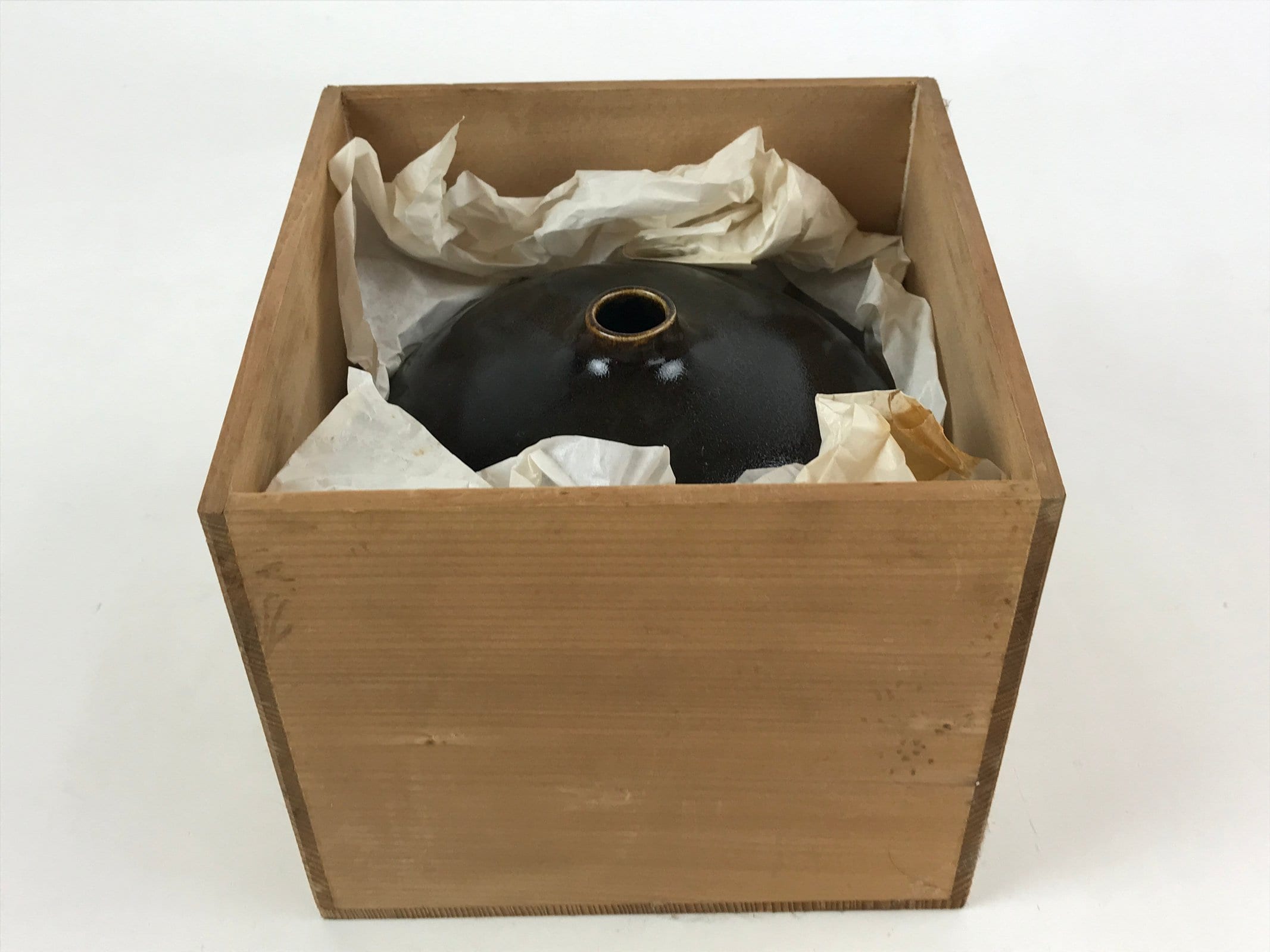 Japanese Round Vase Kabin Vtg Glossy Black Green Flower Arrangement Box FK71