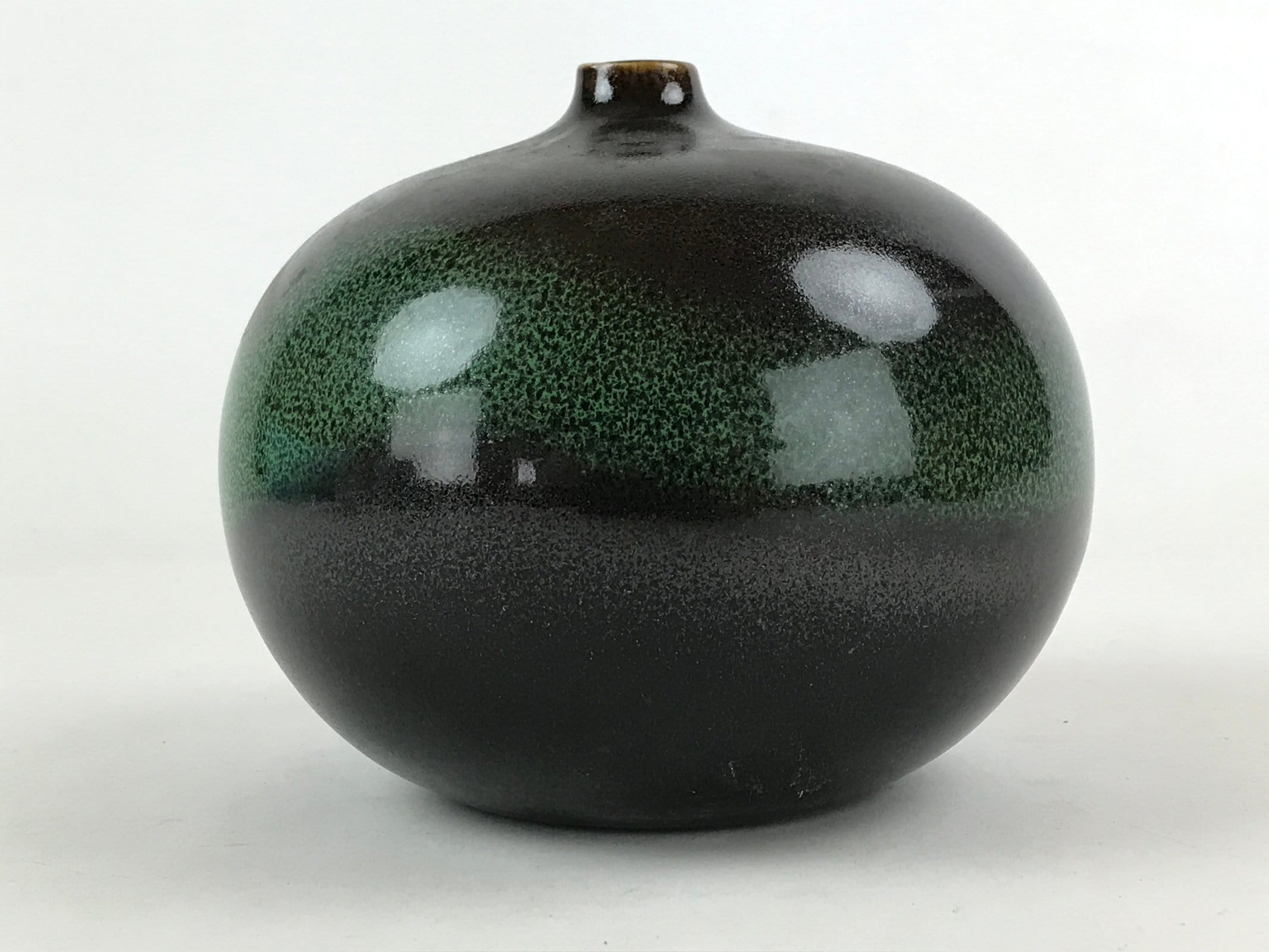Japanese Round Vase Kabin Vtg Glossy Black Green Flower Arrangement Box FK71