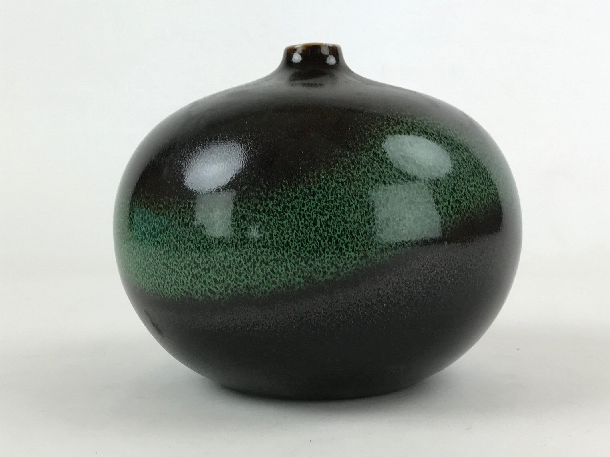 Japanese Round Vase Kabin Vtg Glossy Black Green Flower Arrangement Box FK71