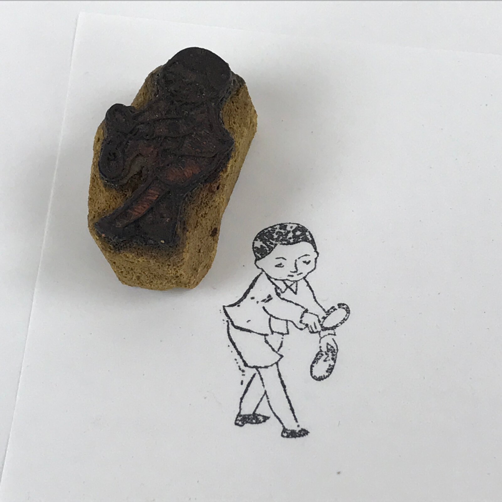 Japanese Rubber Stamp Child Holding Object Vtg Sponge Base Stationary HS233