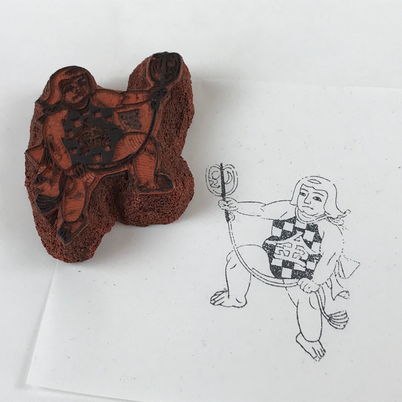 Japanese Rubber Stamp Man Holding Gunbai Vtg Sponge Base Stationary HS277