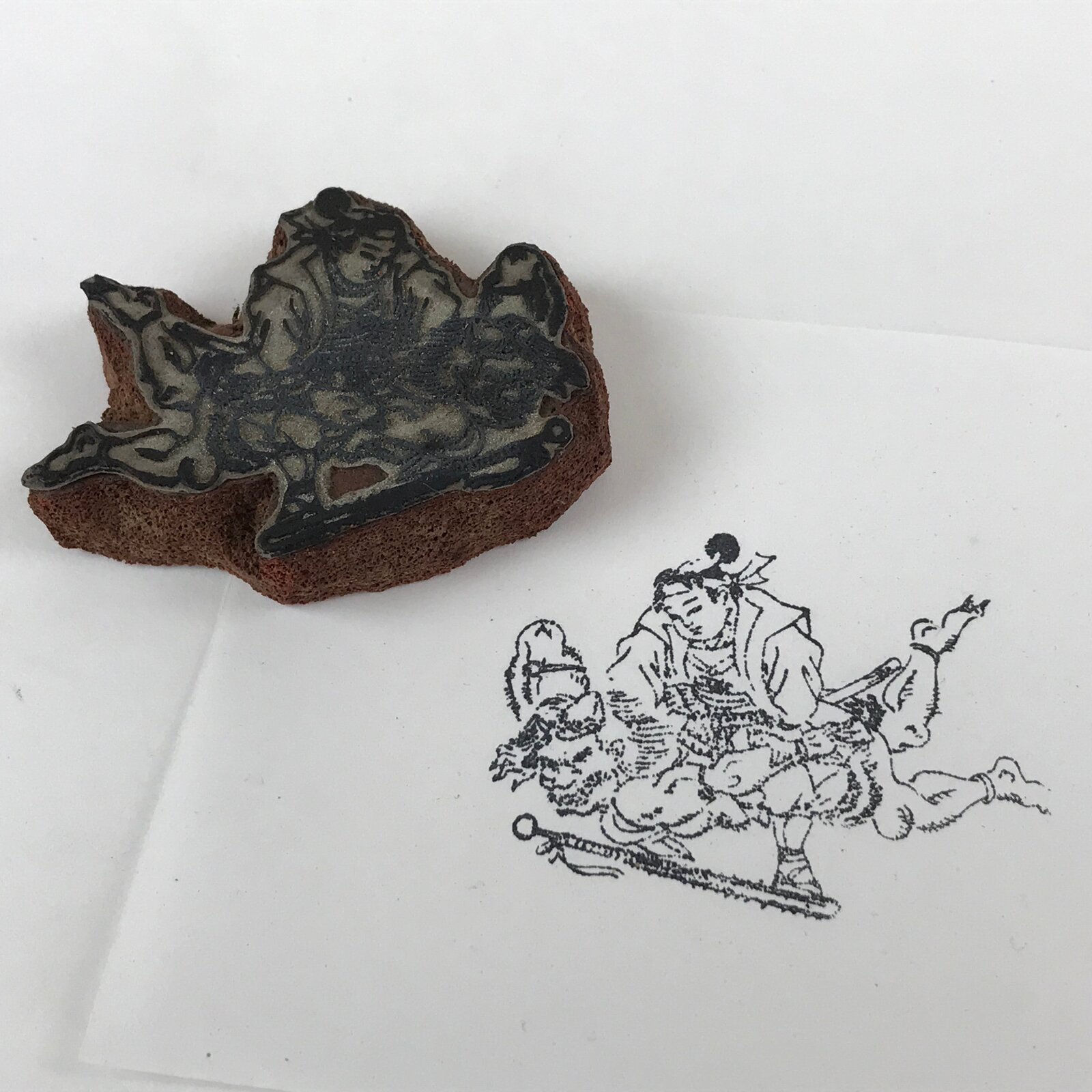 Japanese Rubber Stamp Momotaro Fights Demon Vtg Sponge Base Stationary HS267