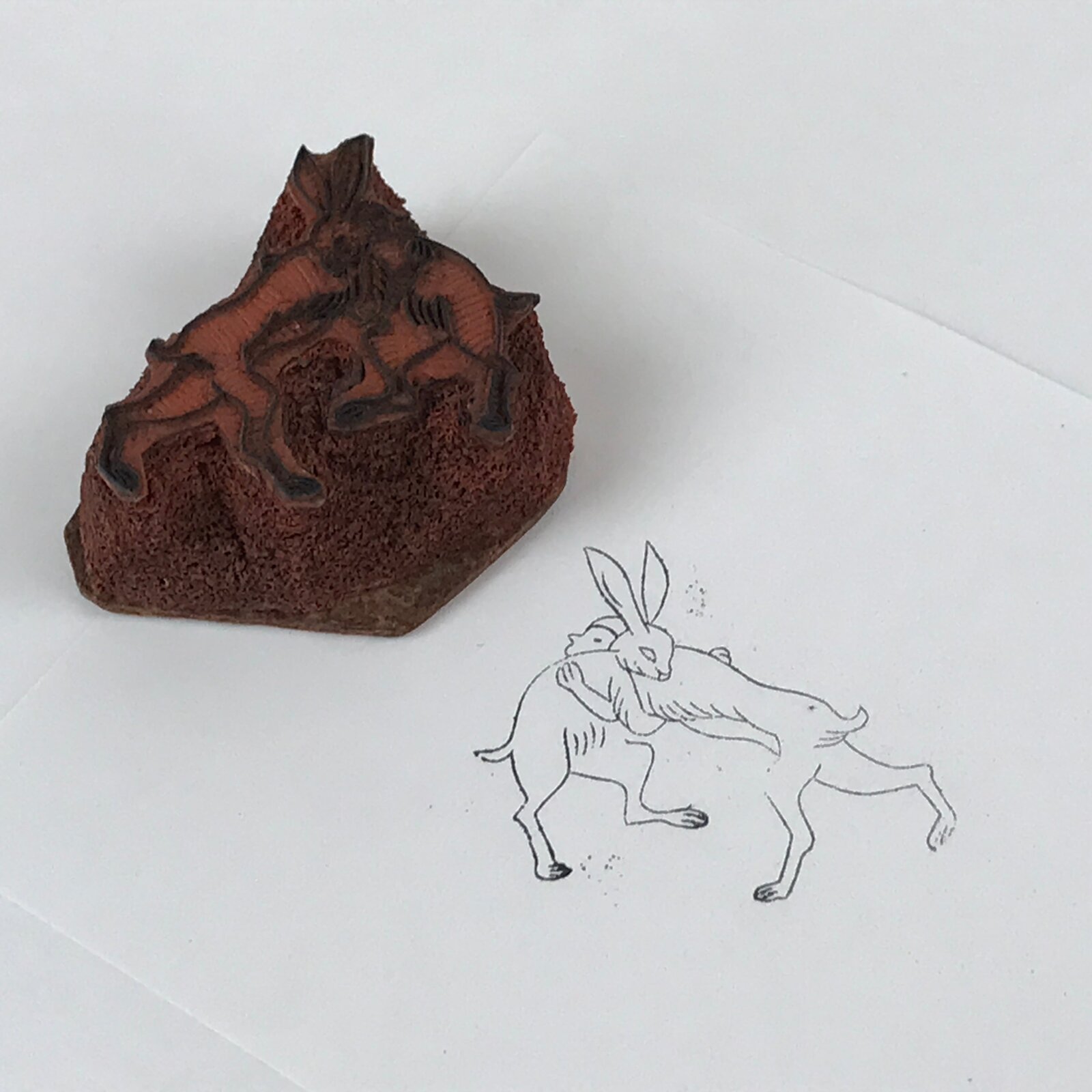 Japanese Rubber Stamp Rabbit Wrestling Vtg Sponge Base Stationary HS234