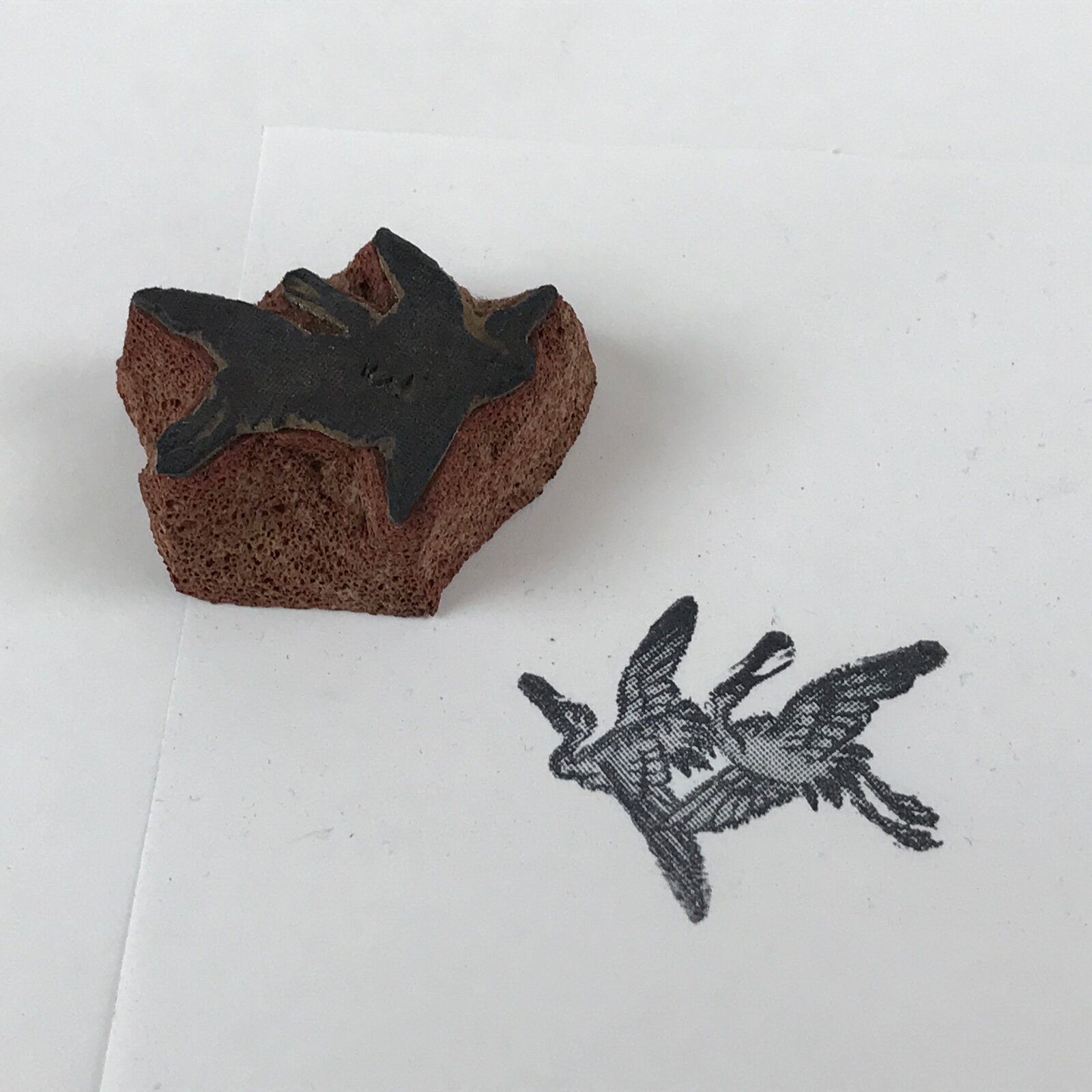 Japanese Rubber Stamp Two Flying Cranes Vtg Bird Sponge Base Stationary HS249