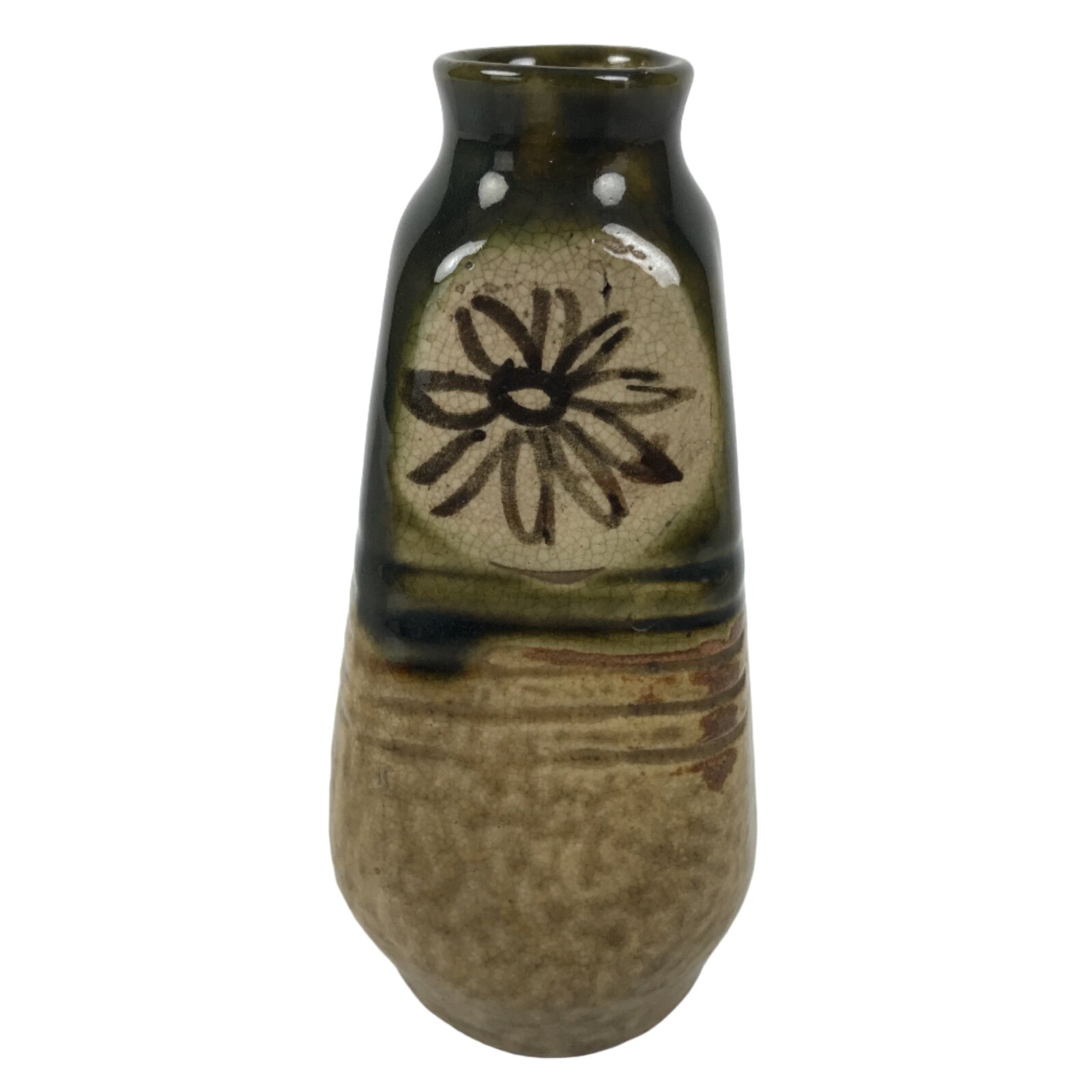 Japanese Sake Bottle Ceramic Oribe Tokkuri Vtg Ichi-Go Dark Green Flower TS889