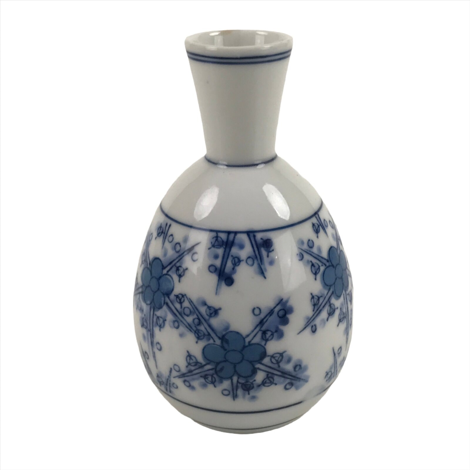 Japanese Sake Bottle Porcelain Tokkuri Vtg Atomic Plum Blossoms White Blue TS683