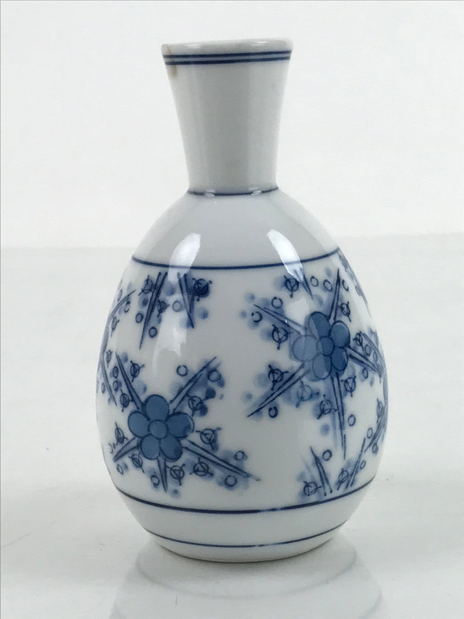 Japanese Sake Bottle Porcelain Tokkuri Vtg Atomic Plum Blossoms White Blue TS683